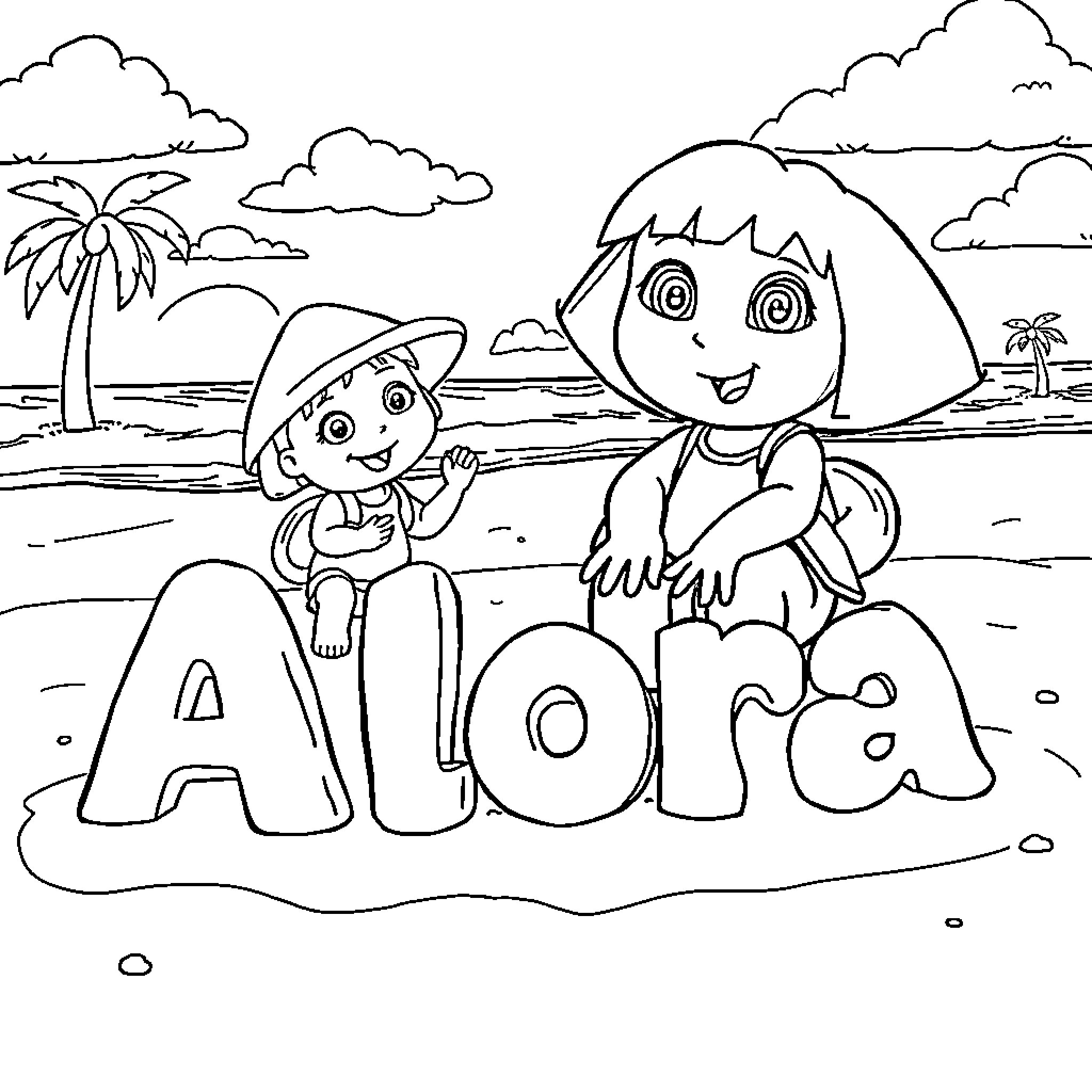 Dora and Boots explore the beach Coloring Page (free black-and-white line drawing printable PDF for all, from beginners to advanced learners, including children, teens, adults, and seniors)
