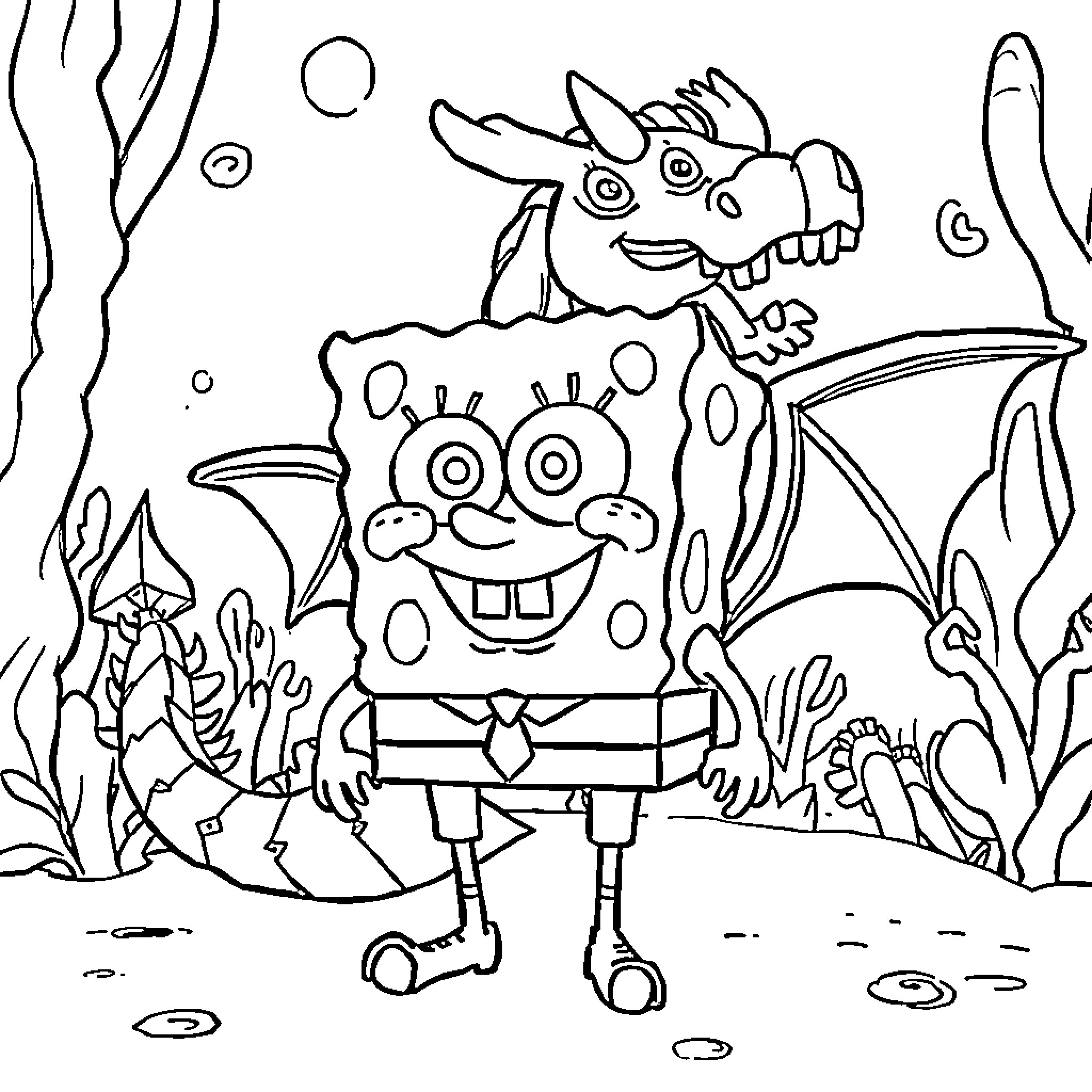 Bob esponja and his underwater adventure Coloring Page (free black-and-white line drawing printable PDF for all, from beginners to advanced learners, including children, teens, adults, and seniors)