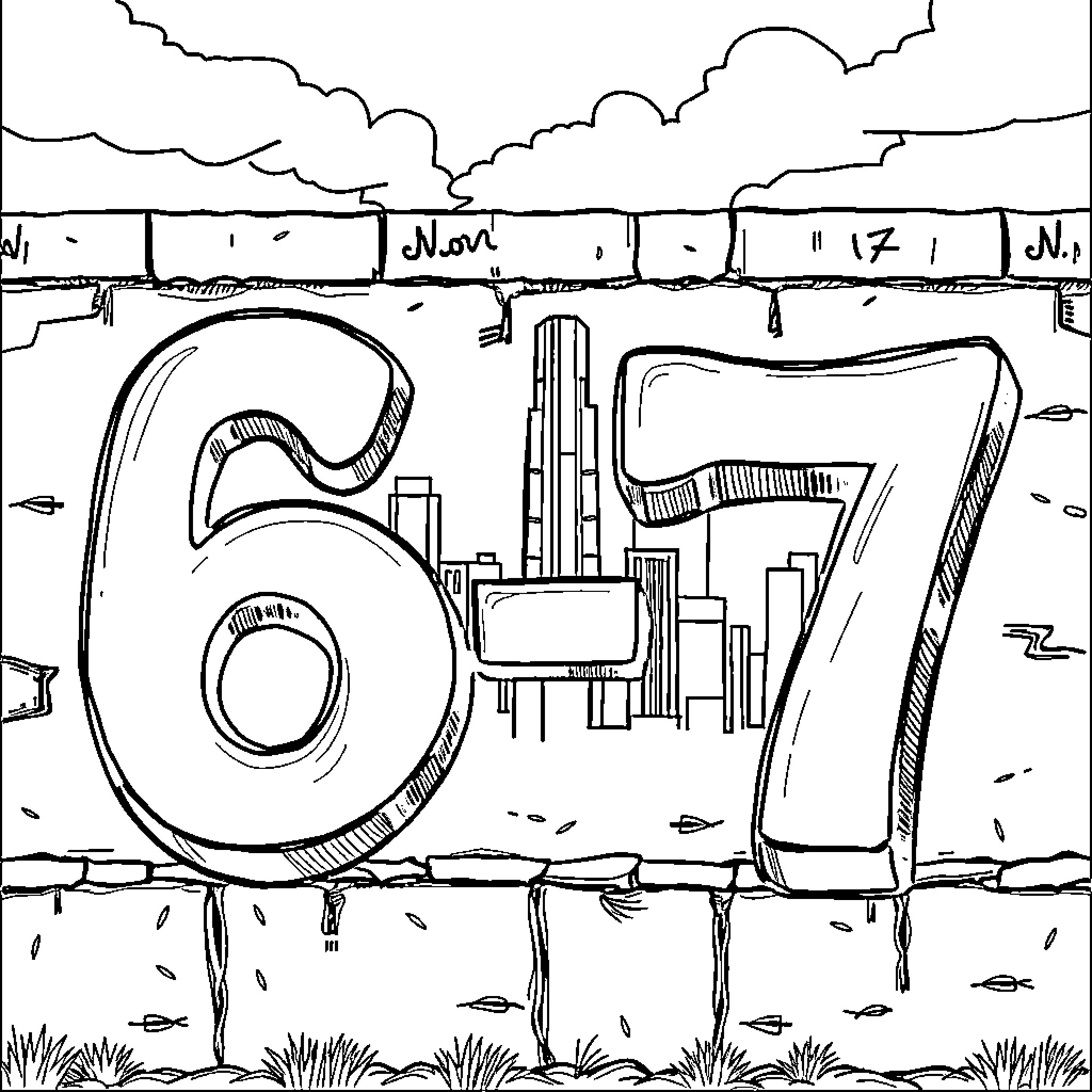 Number 67 Urban Cityscape Illustration Coloring Page (free black-and-white line drawing printable PDF for all, from beginners to advanced learners, including children, teens, adults, and seniors)