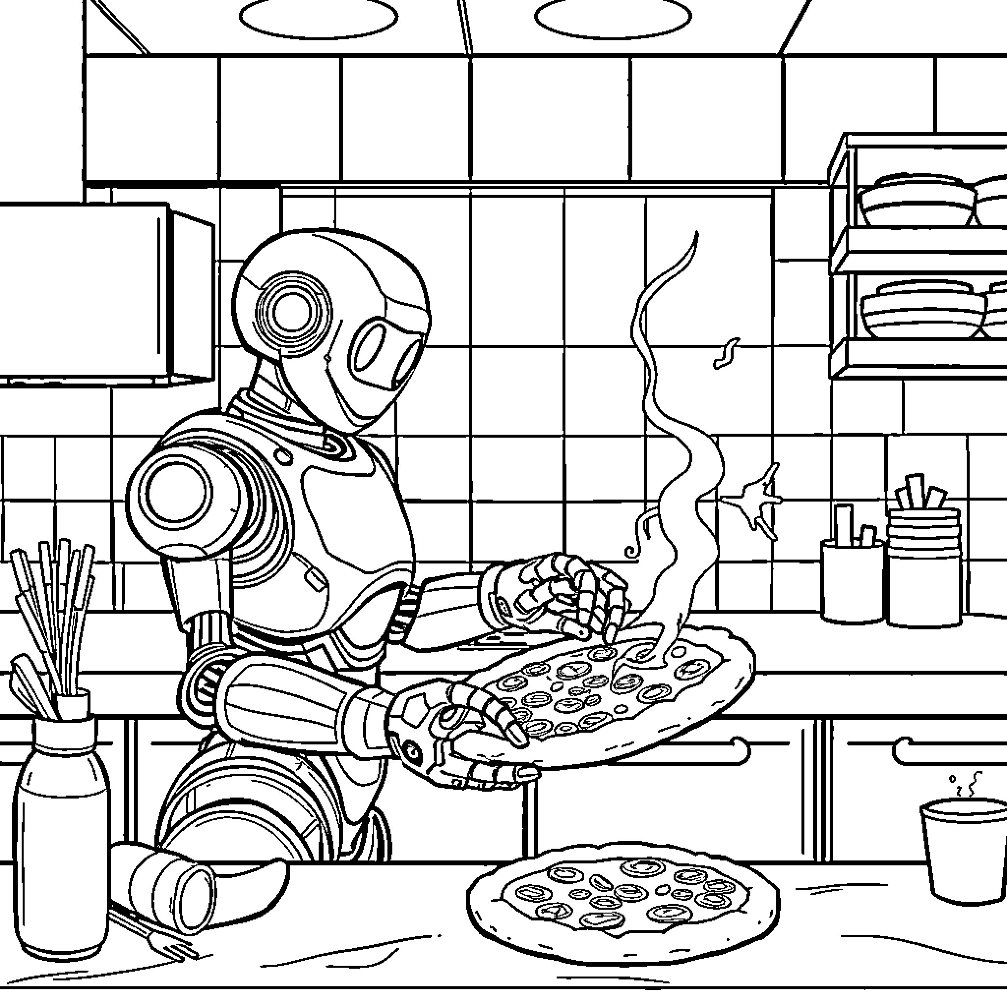 Robot chef preparing delicious pizza in kitchen Coloring Page (free black-and-white line drawing printable PDF for all, from beginners to advanced learners, including children, teens, adults, and seniors)