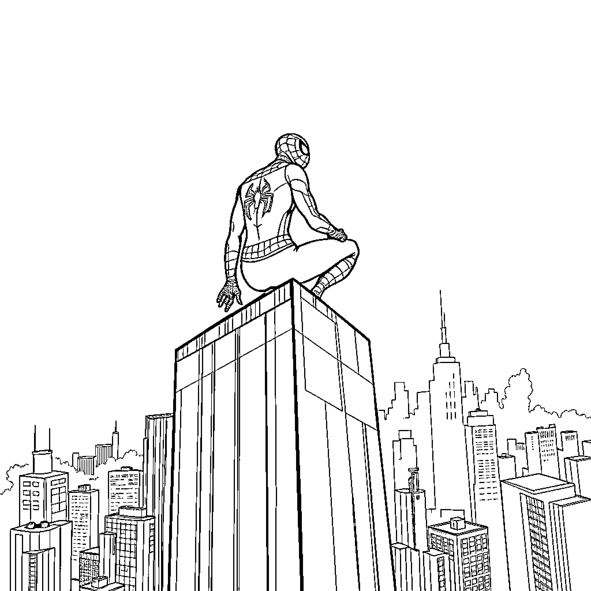 Spider-Man poses heroically on top of skyscrapers Coloring Page (free black-and-white line drawing printable PDF for all, from beginners to advanced learners, including children, teens, adults, and seniors)