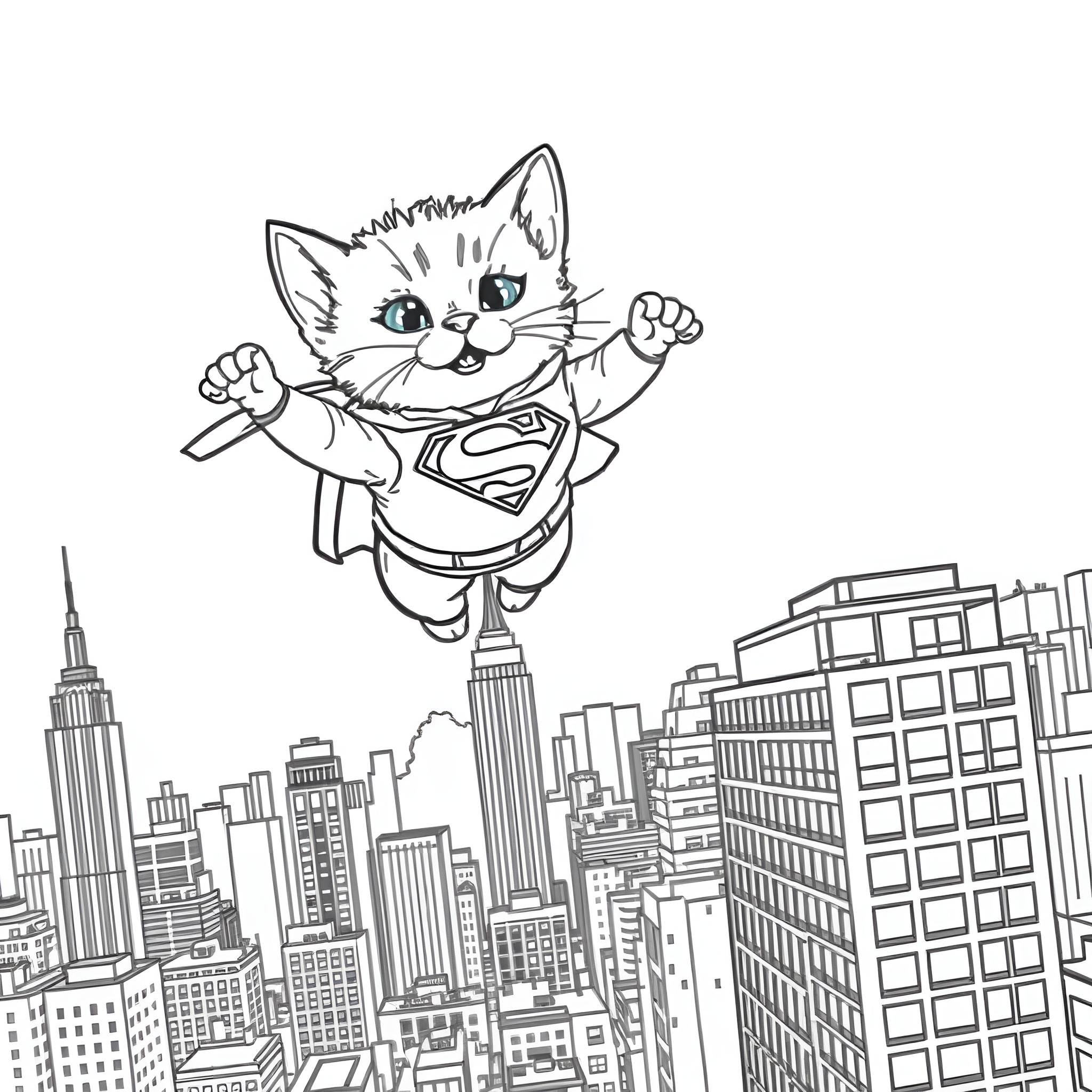 Kitten superhero flying over city skyline Coloring Page (free black-and-white line drawing printable PDF for all, from beginners to advanced learners, including children, teens, adults, and seniors)