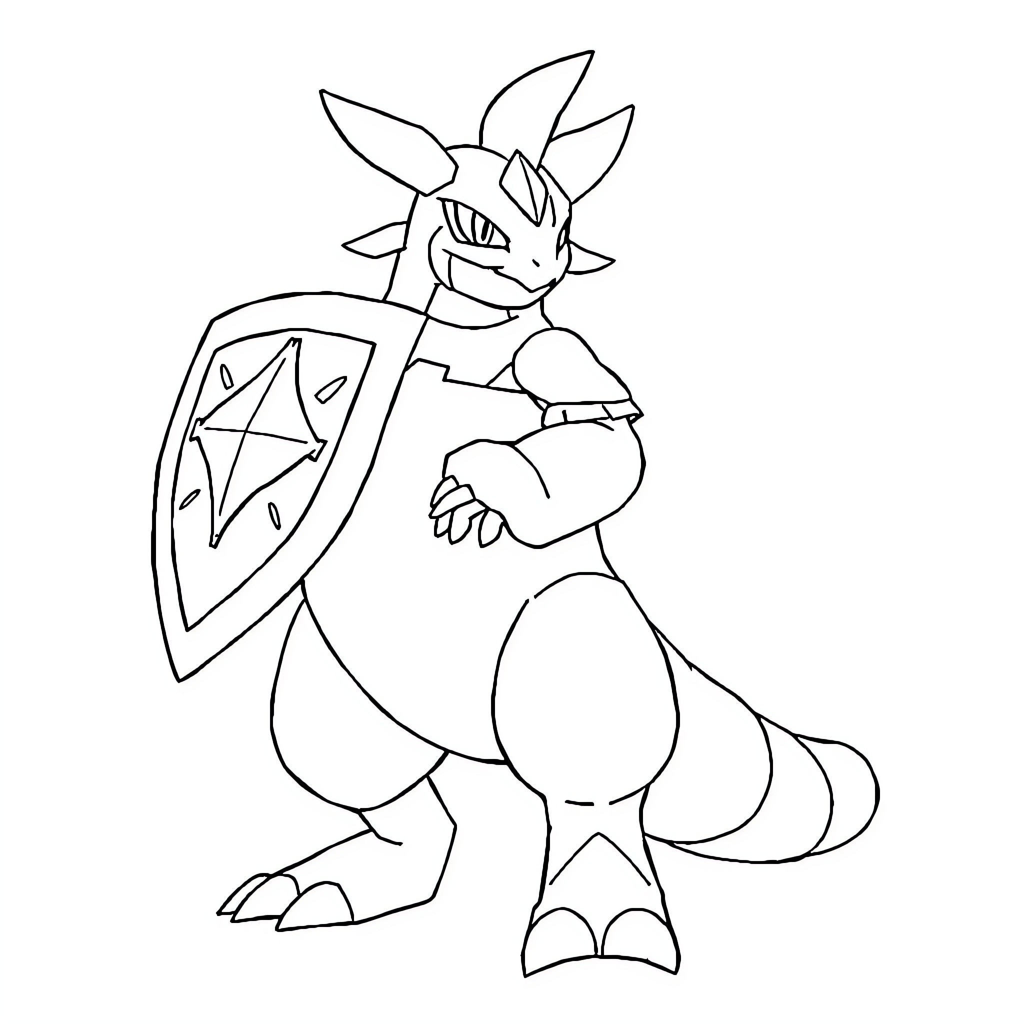 Zamasanta in Heroic Pose with Shield Coloring Page (free black-and-white line drawing printable PDF for all, from beginners to advanced learners, including children, teens, adults, and seniors)