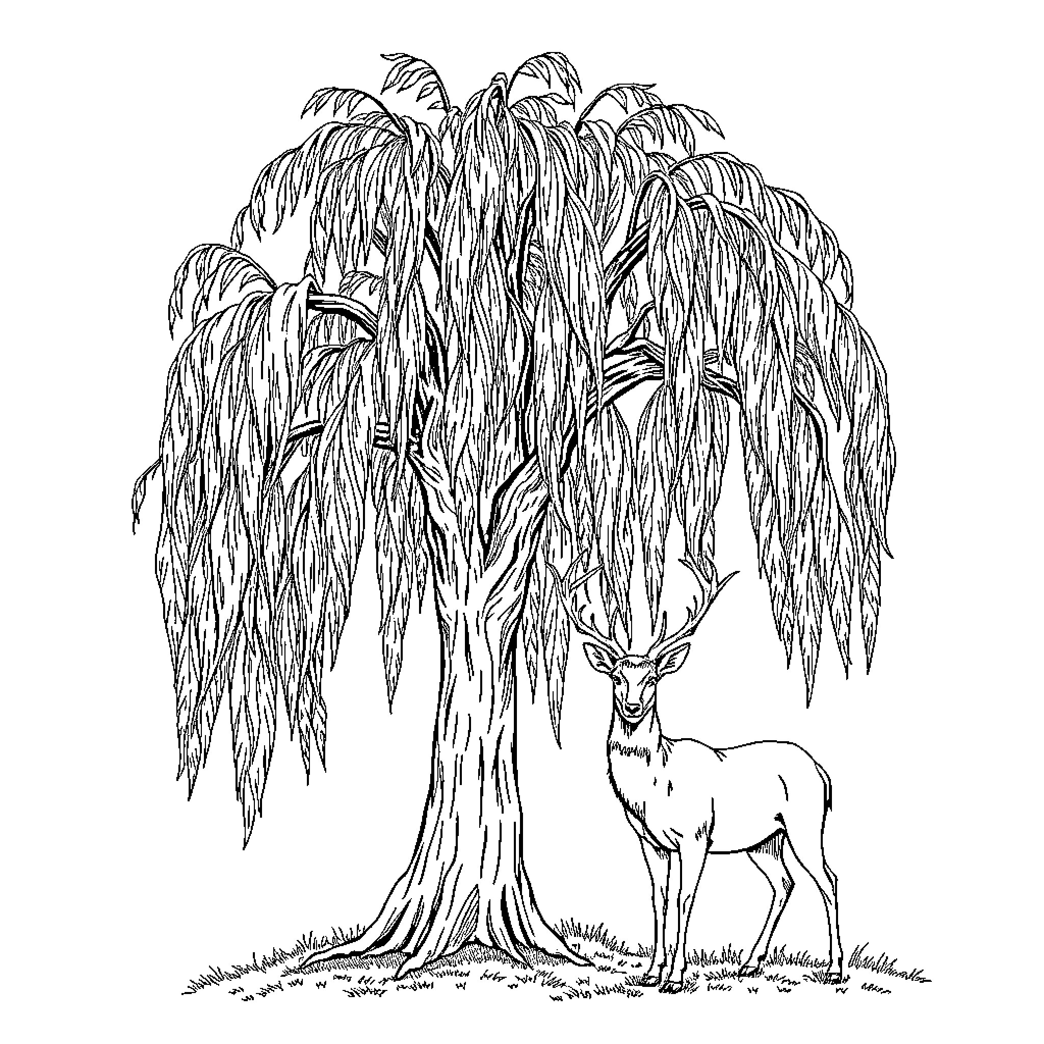 Willow Tree with Deer Resting Underneath Coloring Page (free black-and-white line drawing printable PDF for all, from beginners to advanced learners, including children, teens, adults, and seniors)