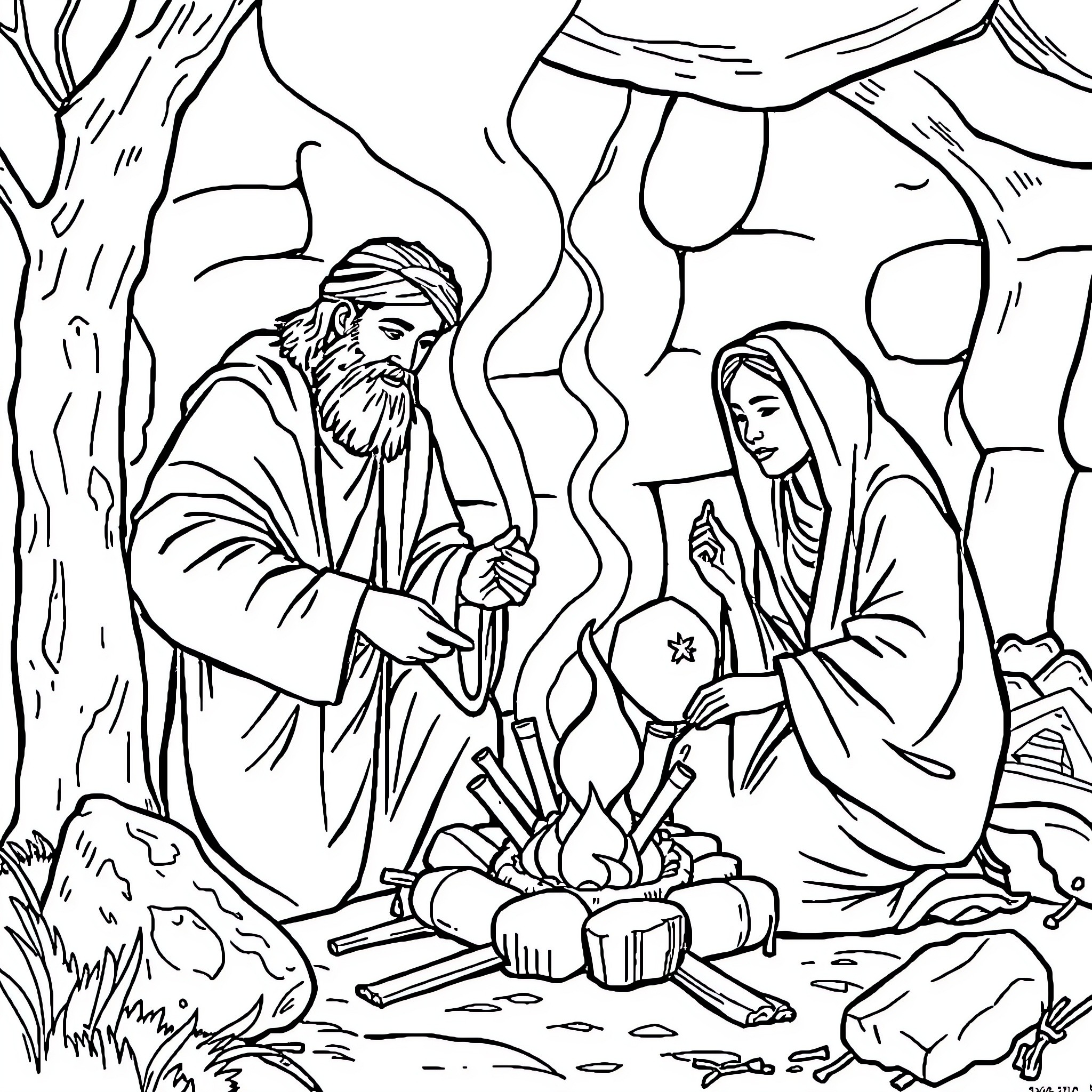 Kings Heating Campfire with Companion Coloring Page (free black-and-white line drawing printable PDF for all, from beginners to advanced learners, including children, teens, adults, and seniors)