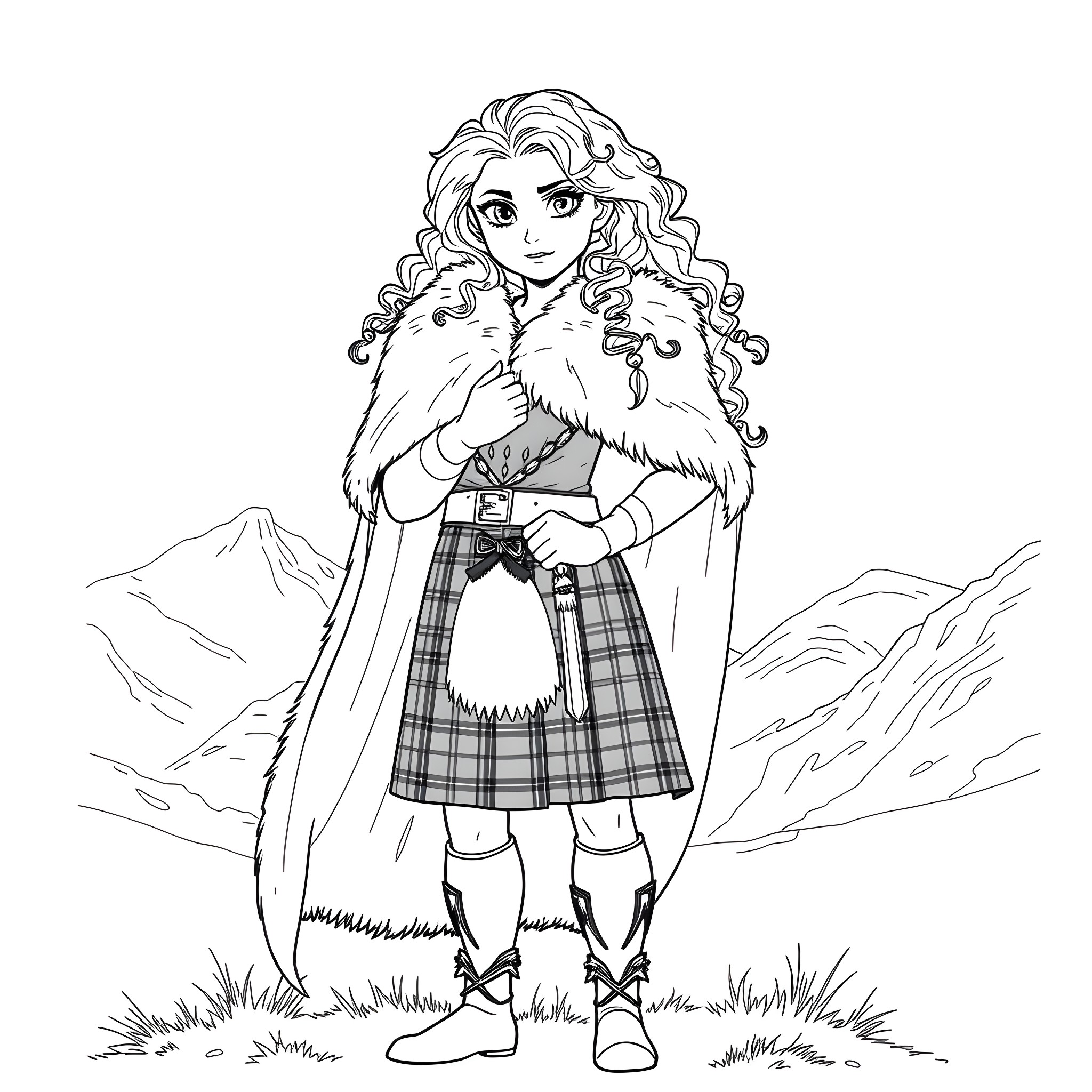 Merida in a Fur Coat and Tartan Skirt, Surrounded by Scenic Mountains Coloring Page (free black-and-white line drawing printable PDF for all, from beginners to advanced learners, including children, teens, adults, and seniors)