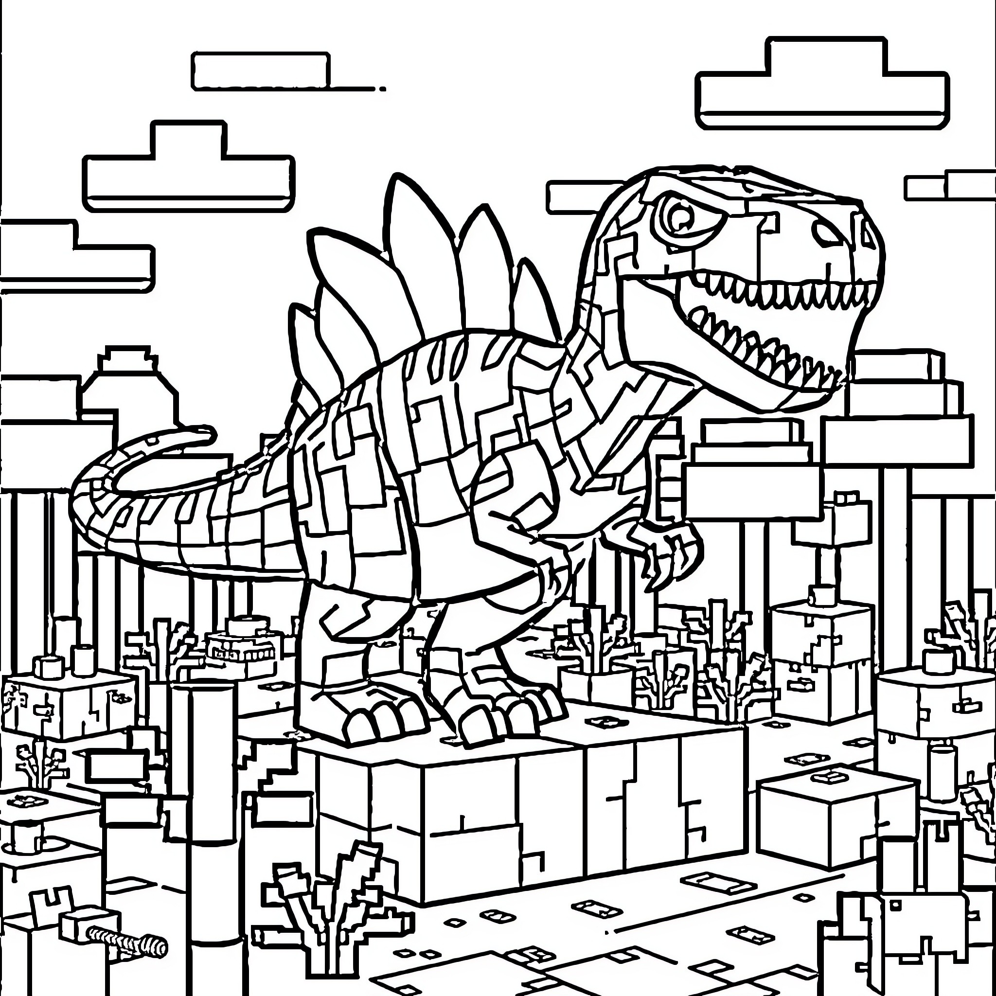 Carnotaurus wreaking havoc in a cityscape Coloring Page (free black-and-white line drawing printable PDF for all, from beginners to advanced learners, including children, teens, adults, and seniors)