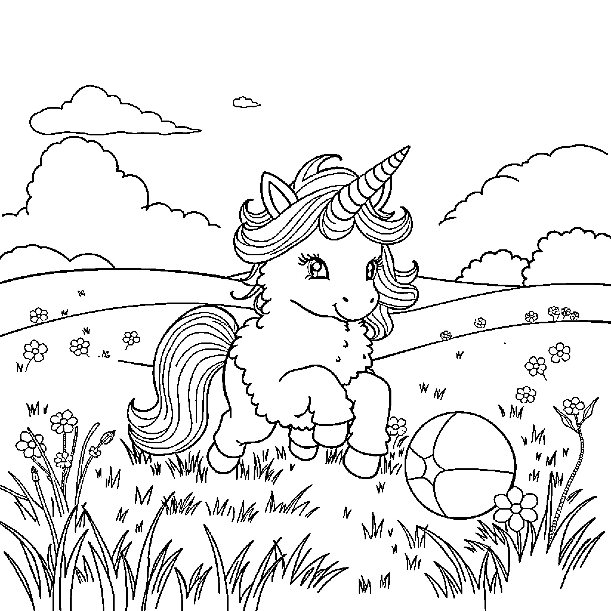 Unicorn playing happily in a magical meadow Coloring Page (free black-and-white line drawing printable PDF for all, from beginners to advanced learners, including children, teens, adults, and seniors)
