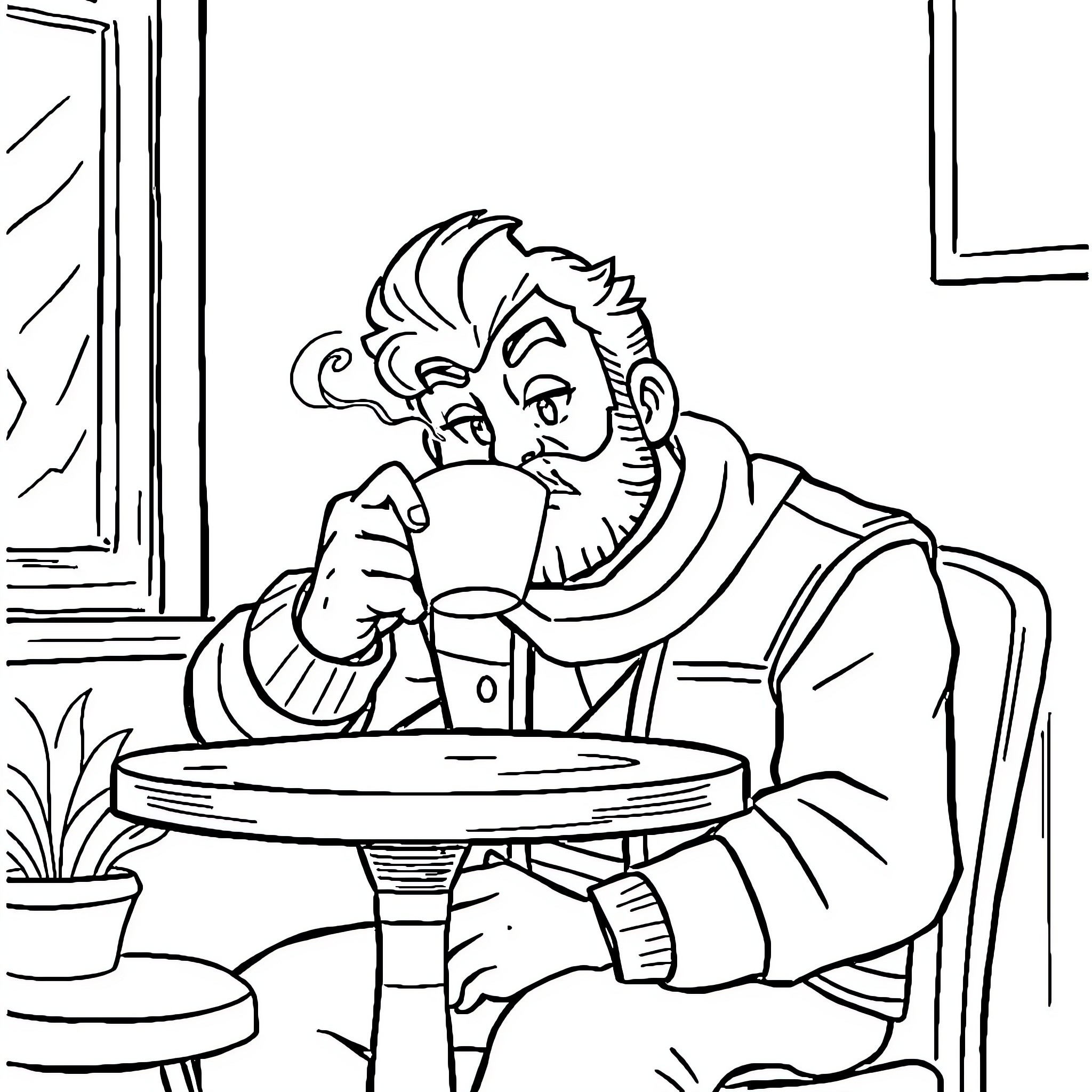 Joseph Joestar enjoying a hot beverage in a cozy setting Coloring Page (free black-and-white line drawing printable PDF for all, from beginners to advanced learners, including children, teens, adults, and seniors)