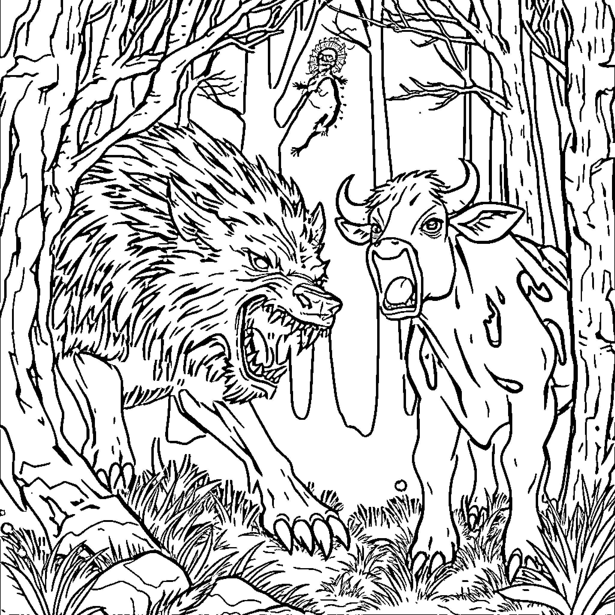 Direwolf confronting a mystical creature in a dark forest Coloring Page (free black-and-white line drawing printable PDF for all, from beginners to advanced learners, including children, teens, adults, and seniors)