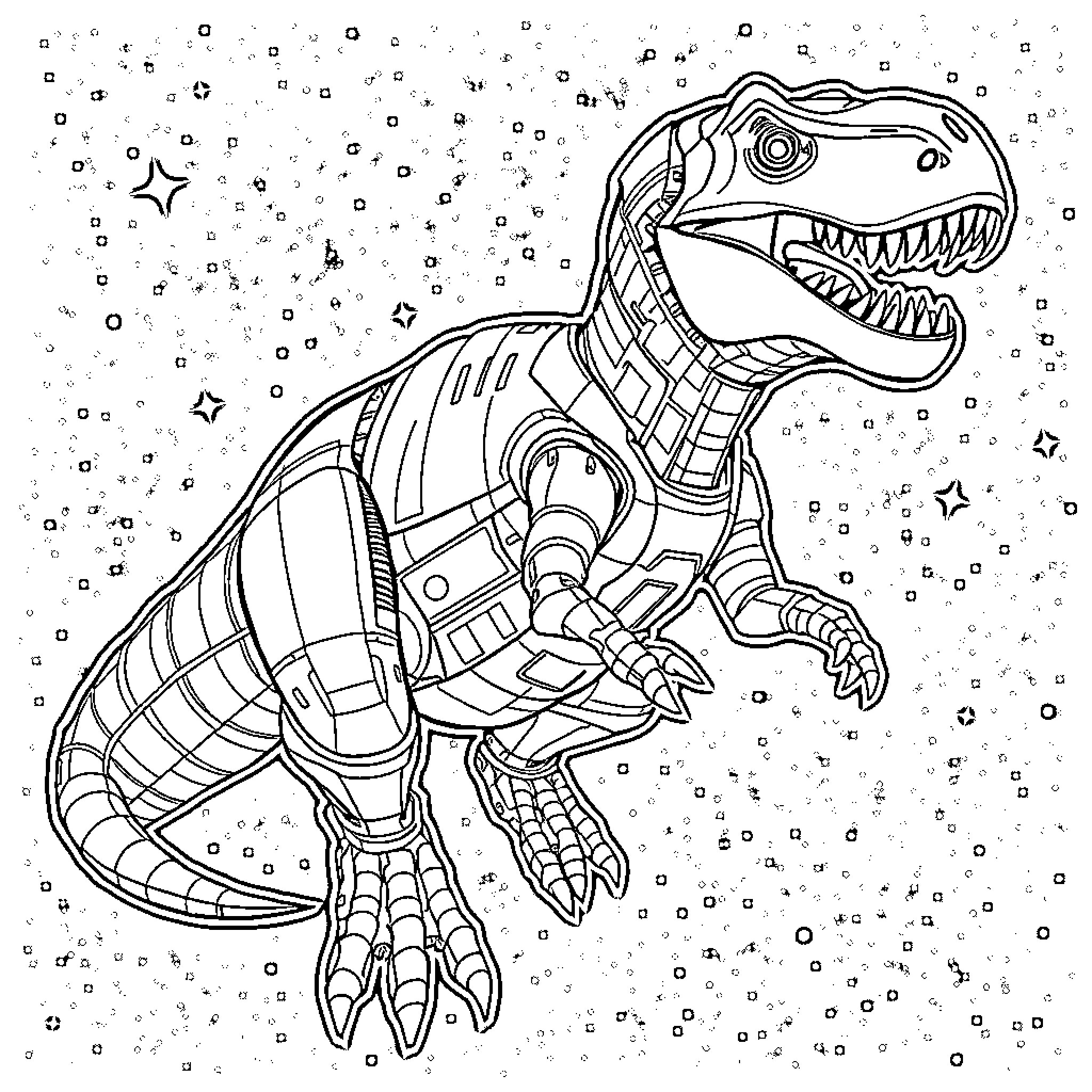 T-Rex Mechanical Dinosaur in Starry Sky Coloring Page (free black-and-white line drawing printable PDF for all, from beginners to advanced learners, including children, teens, adults, and seniors)