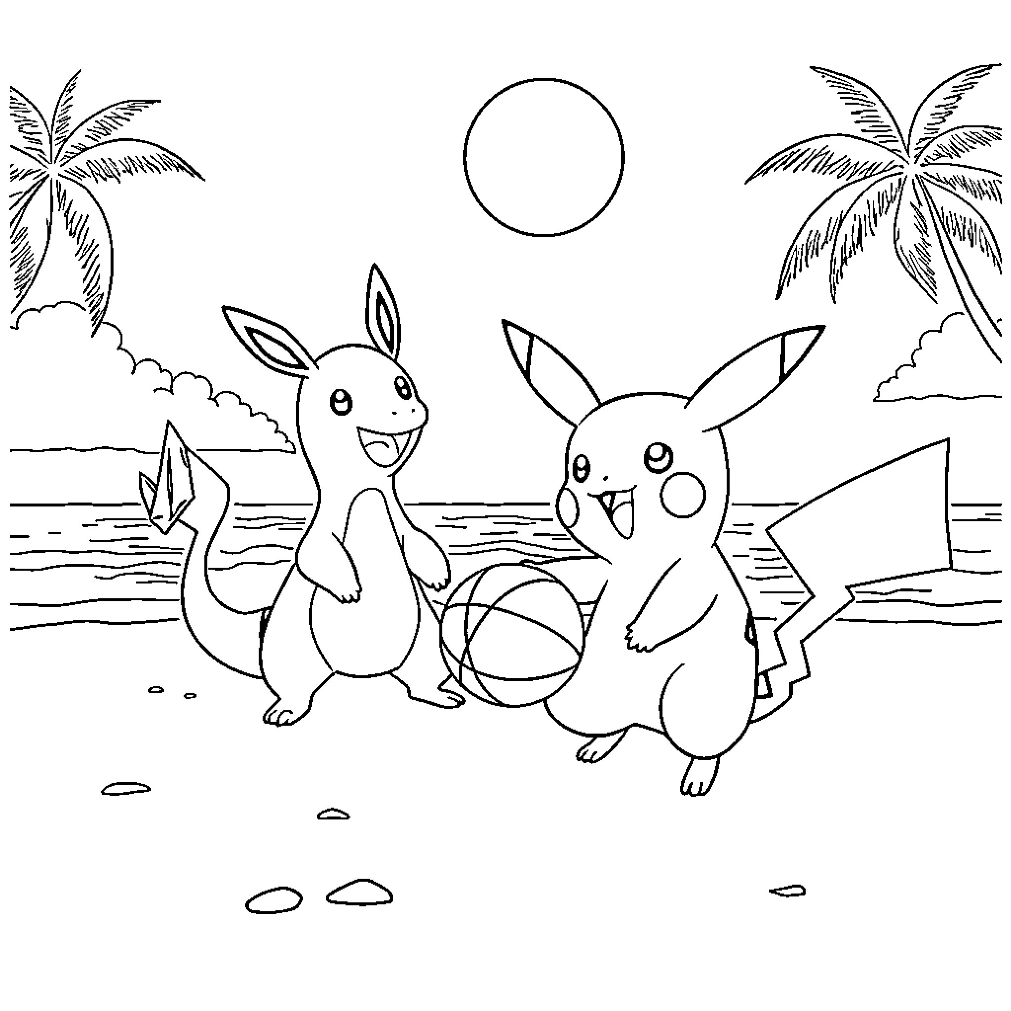 Pikachu playing with friends on a tropical beach Coloring Page (free black-and-white line drawing printable PDF for all, from beginners to advanced learners, including children, teens, adults, and seniors)