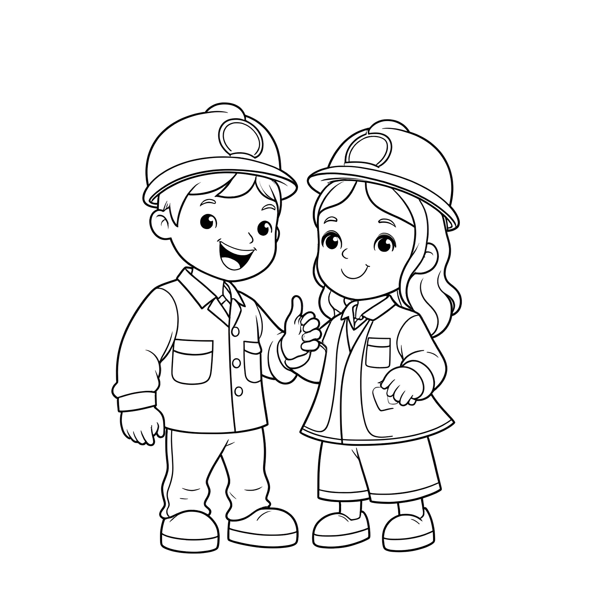 Friend construction workers smiling in uniform Coloring Page (free black-and-white line drawing printable PDF for all, from beginners to advanced learners, including children, teens, adults, and seniors)