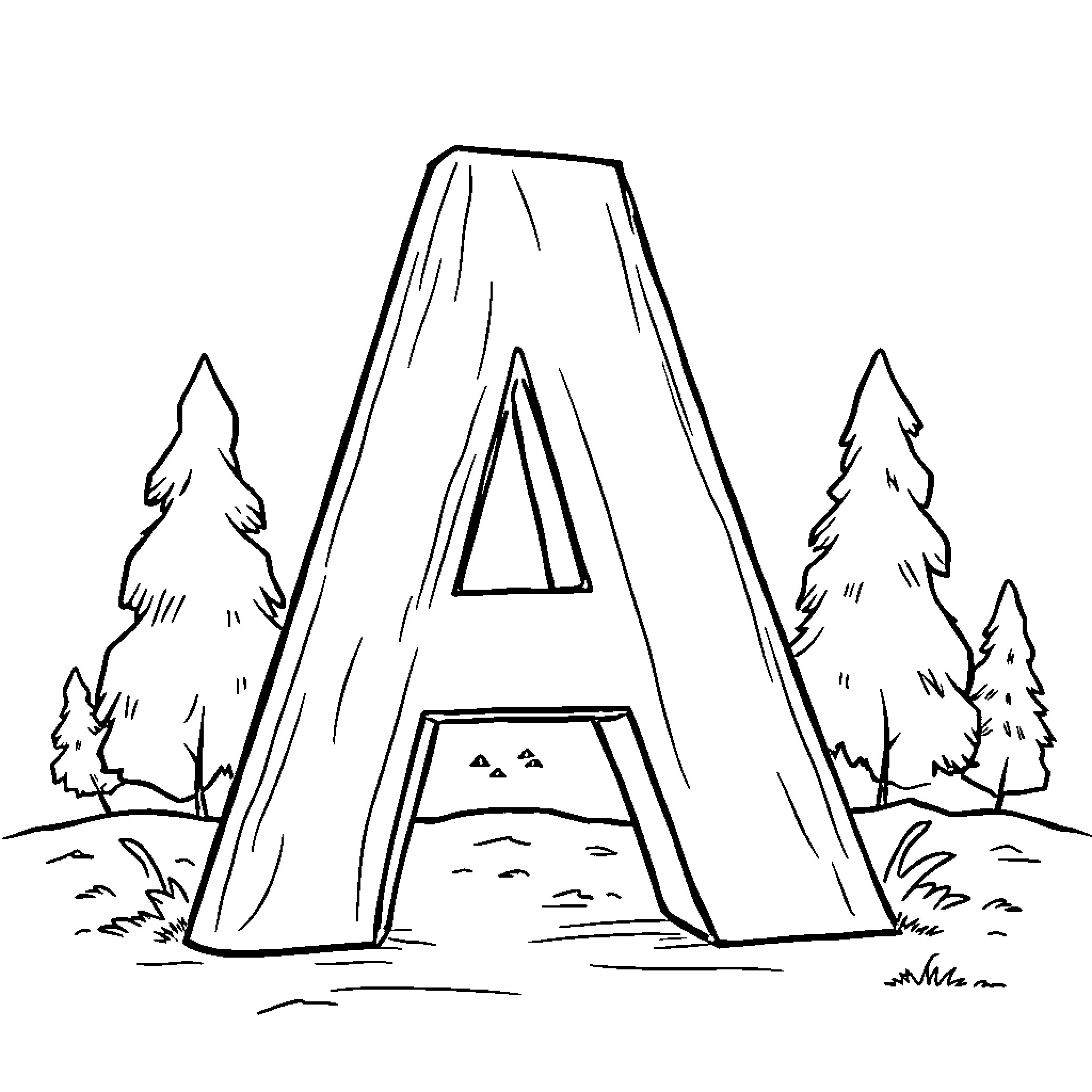 Letter A Shaped Tent in the Wilderness Coloring Page (free black-and-white line drawing printable PDF for all, from beginners to advanced learners, including children, teens, adults, and seniors)
