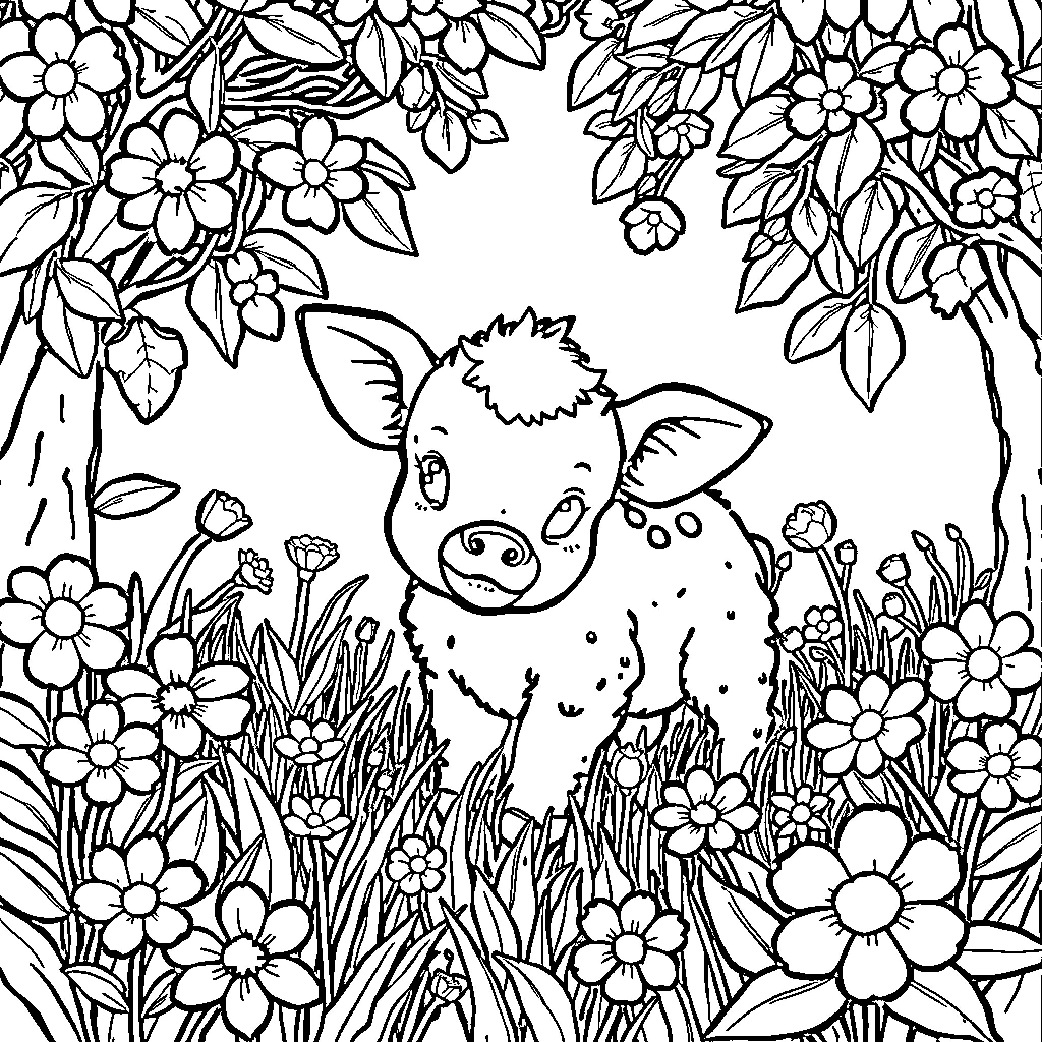 Calf surrounded by flowers in idyllic garden Coloring Page (free black-and-white line drawing printable PDF for all, from beginners to advanced learners, including children, teens, adults, and seniors)