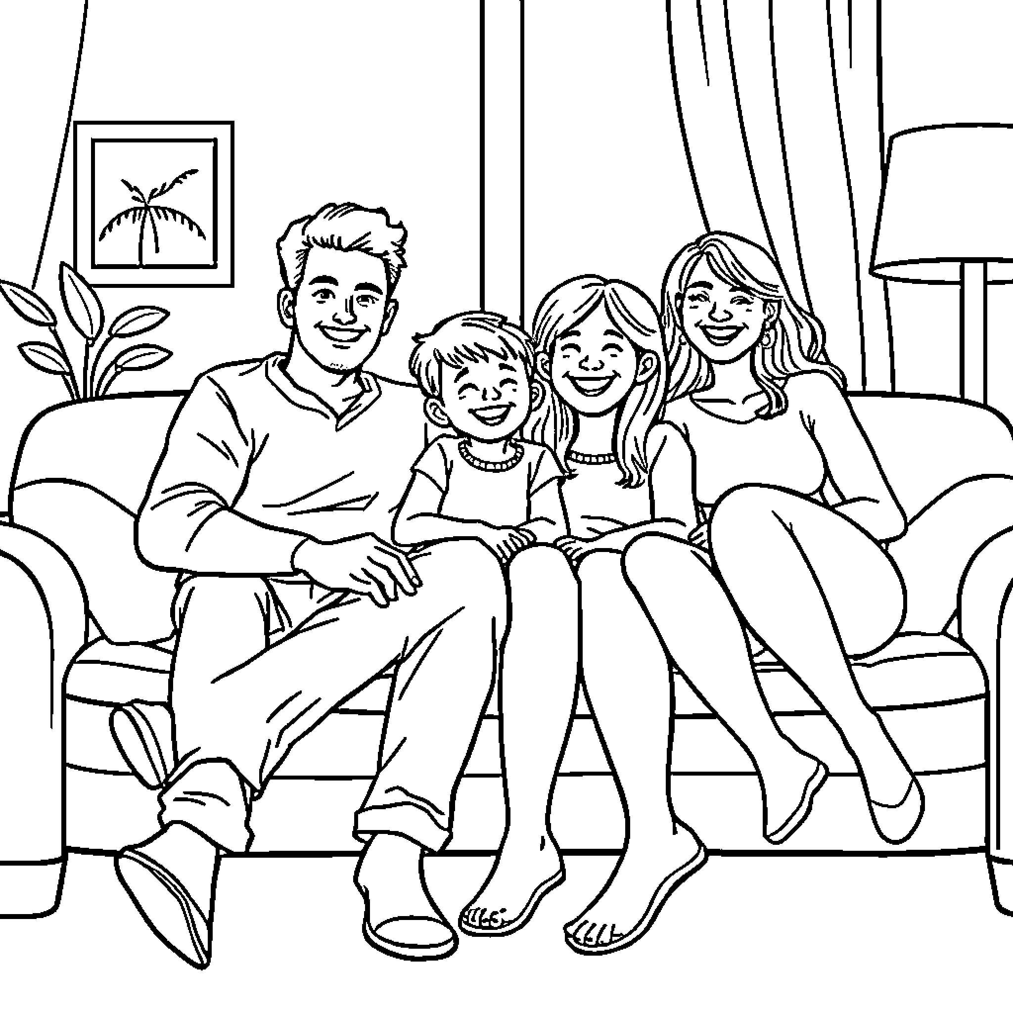 Family Enjoying a Cozy Home Together Coloring Page (free black-and-white line drawing printable PDF for all, from beginners to advanced learners, including children, teens, adults, and seniors)