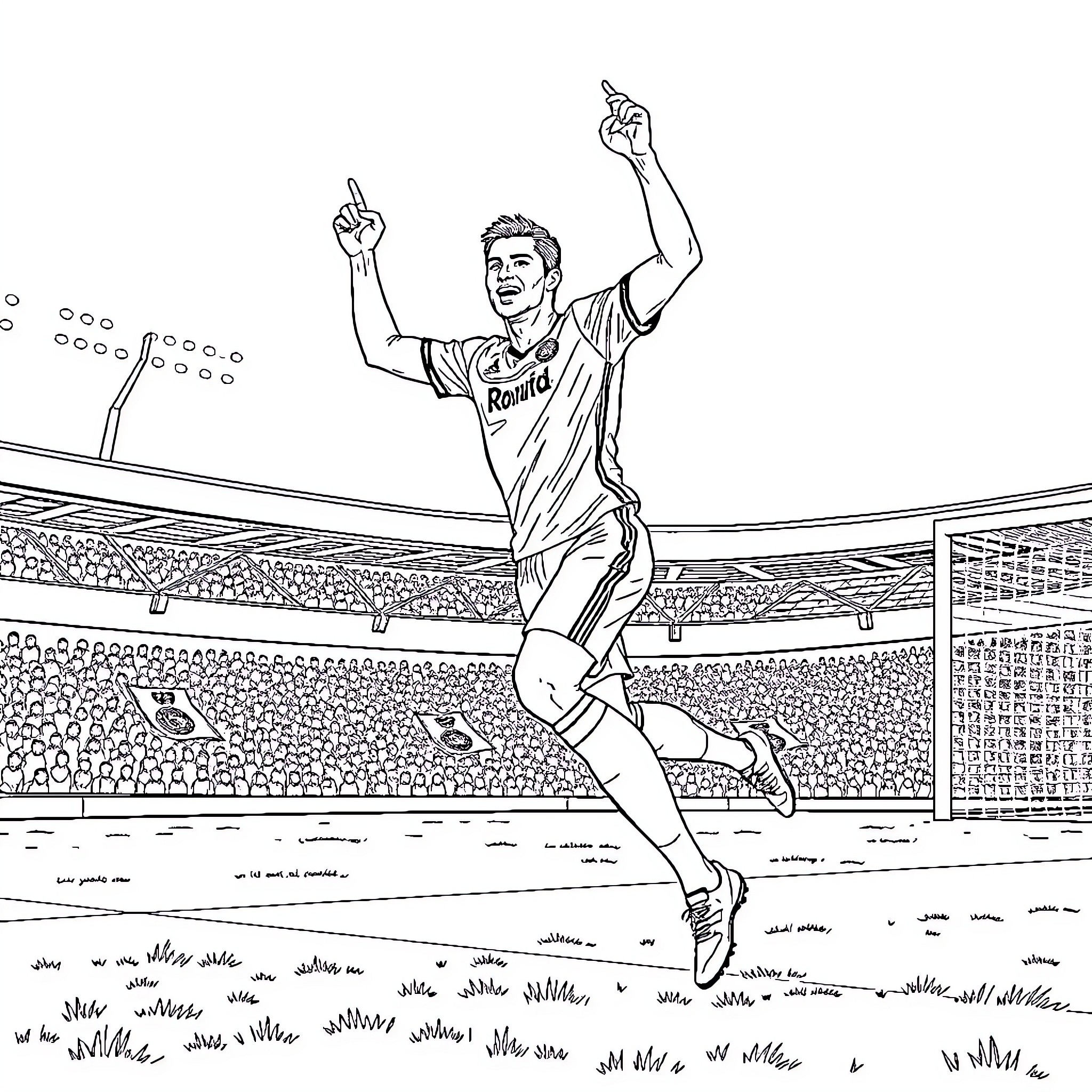 Cristiano Ronaldo celebrating football victory in stadium Coloring Page (free black-and-white line drawing printable PDF for all, from beginners to advanced learners, including children, teens, adults, and seniors)