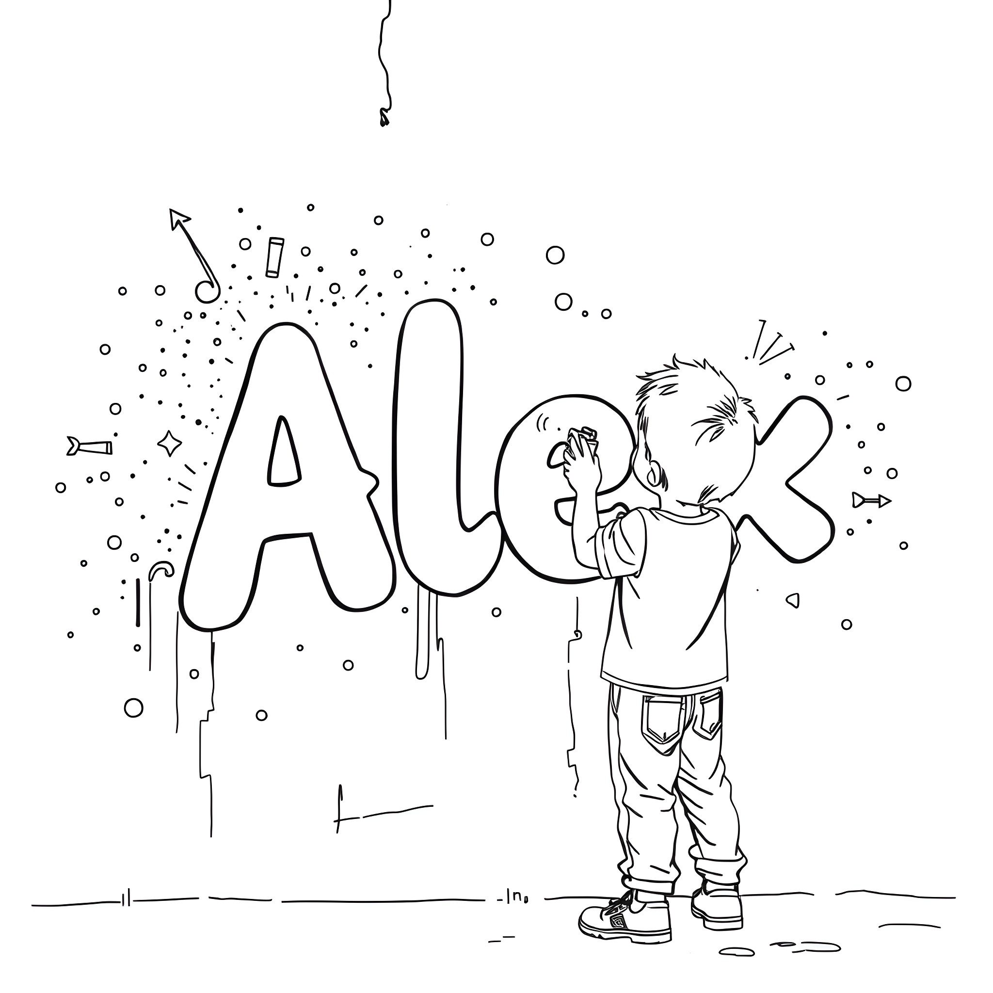 Boy drawing and creating the word 'Alok' Coloring Page (free black-and-white line drawing printable PDF for all, from beginners to advanced learners, including children, teens, adults, and seniors)