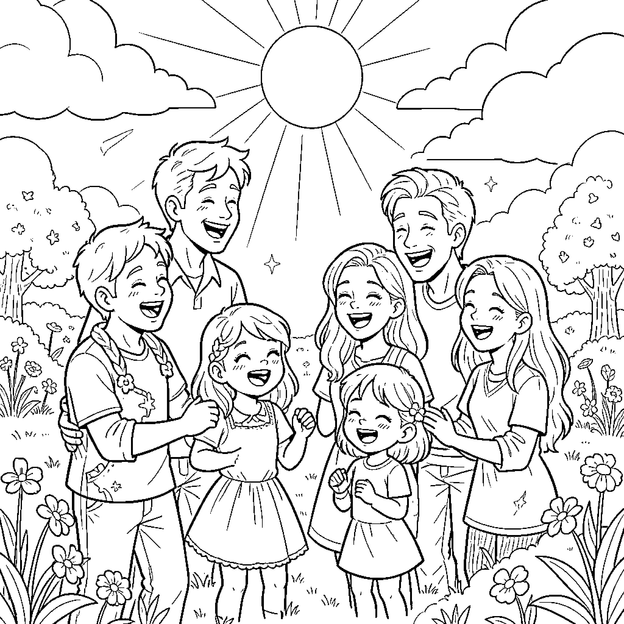Adult family enjoying outdoor scene together Coloring Page (free black-and-white line drawing printable PDF for all, from beginners to advanced learners, including children, teens, adults, and seniors)