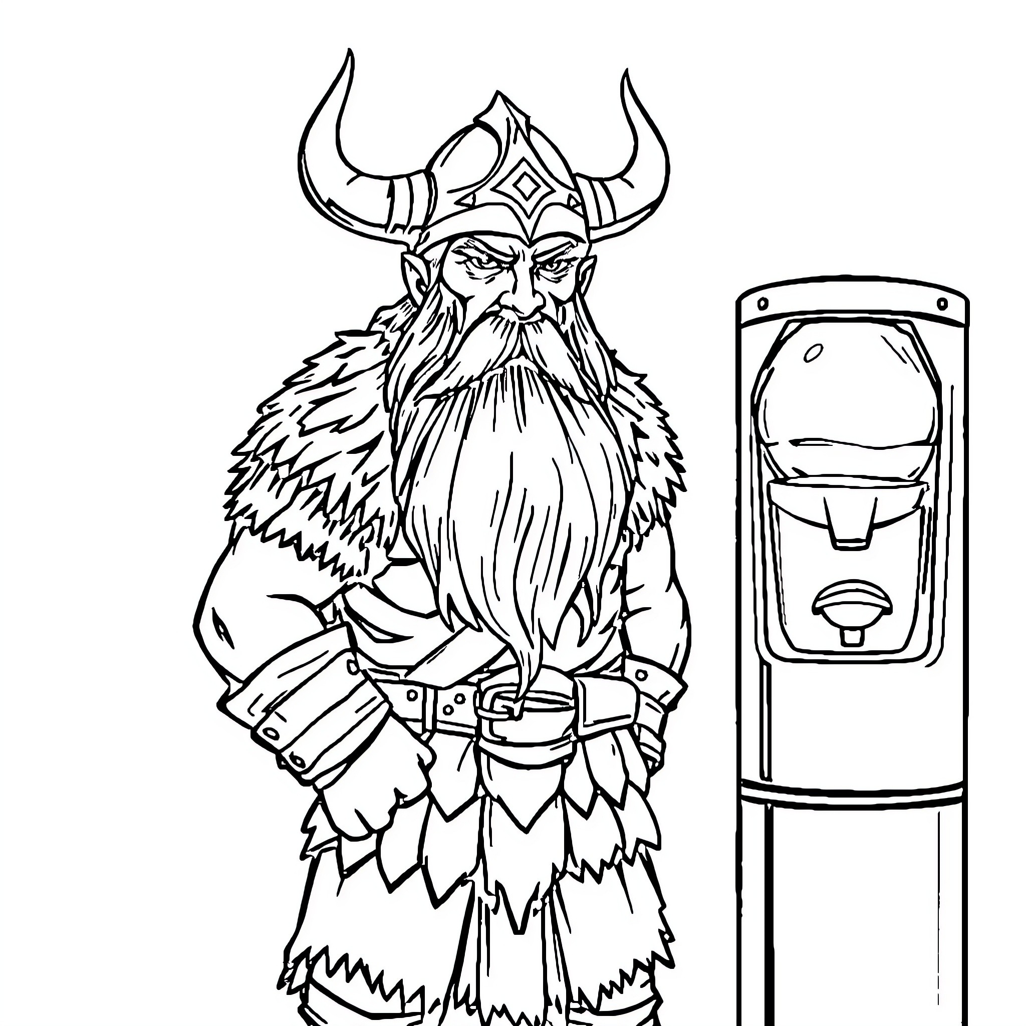 Viking warrior standing by water cooler Coloring Page (free black-and-white line drawing printable PDF for all, from beginners to advanced learners, including children, teens, adults, and seniors)