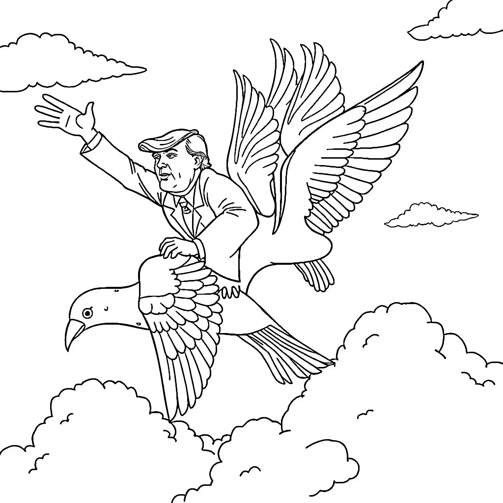 Donald Trump riding a mythical bird-like creature Coloring Page (free black-and-white line drawing printable PDF for all, from beginners to advanced learners, including children, teens, adults, and seniors)
