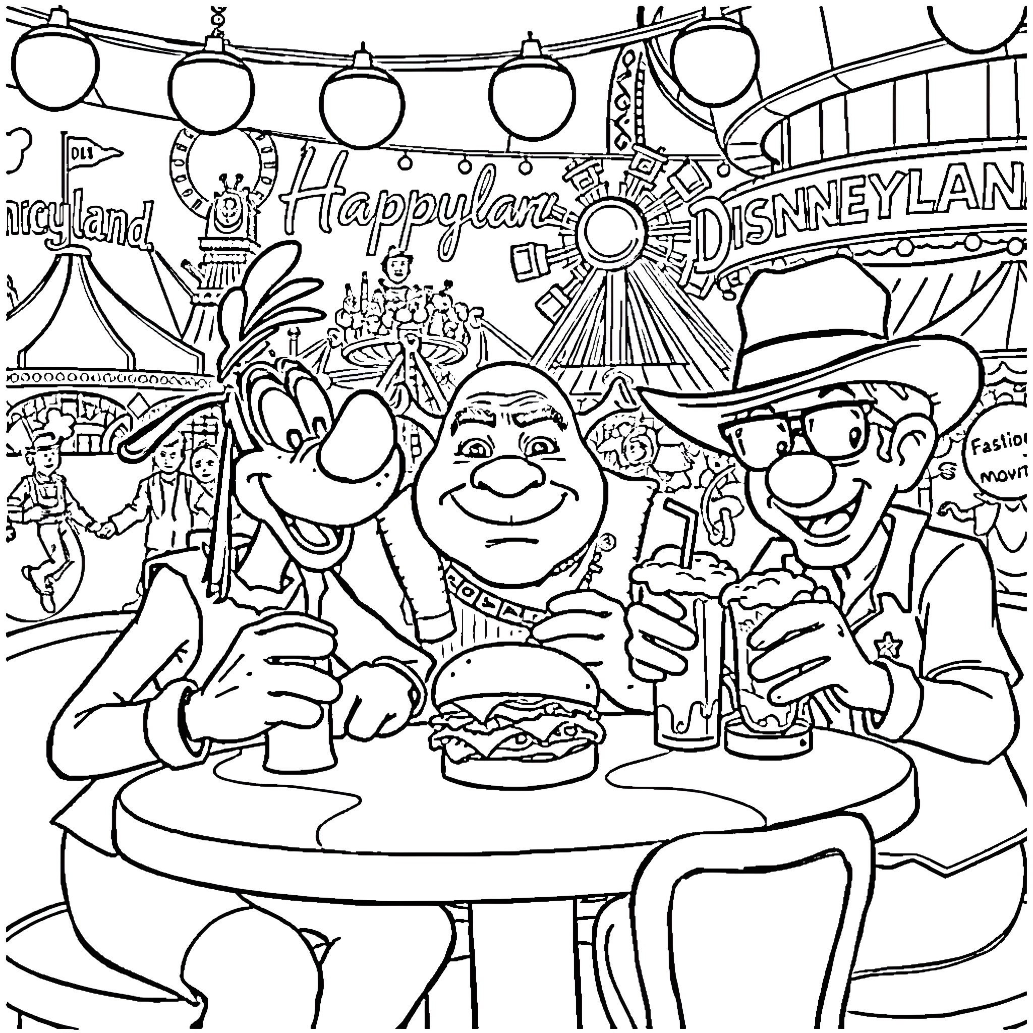 Goofy characters having fun at Disneyland Coloring Page (free black-and-white line drawing printable PDF for all, from beginners to advanced learners, including children, teens, adults, and seniors)