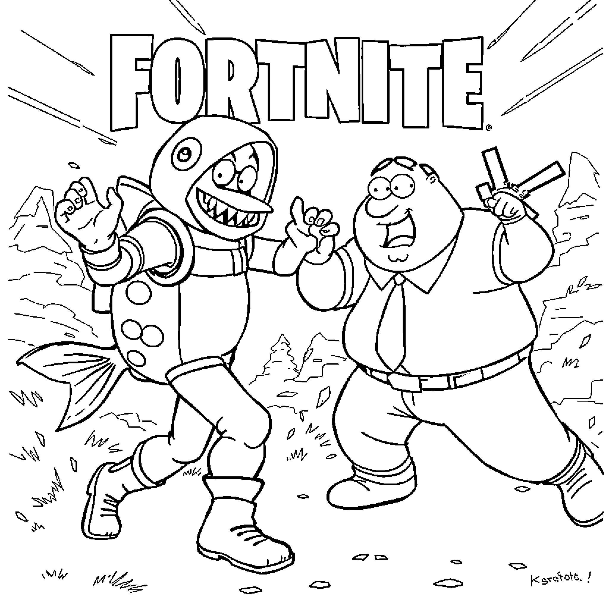 Fish characters in Fortnite game outfit Coloring Page (free black-and-white line drawing printable PDF for all, from beginners to advanced learners, including children, teens, adults, and seniors)