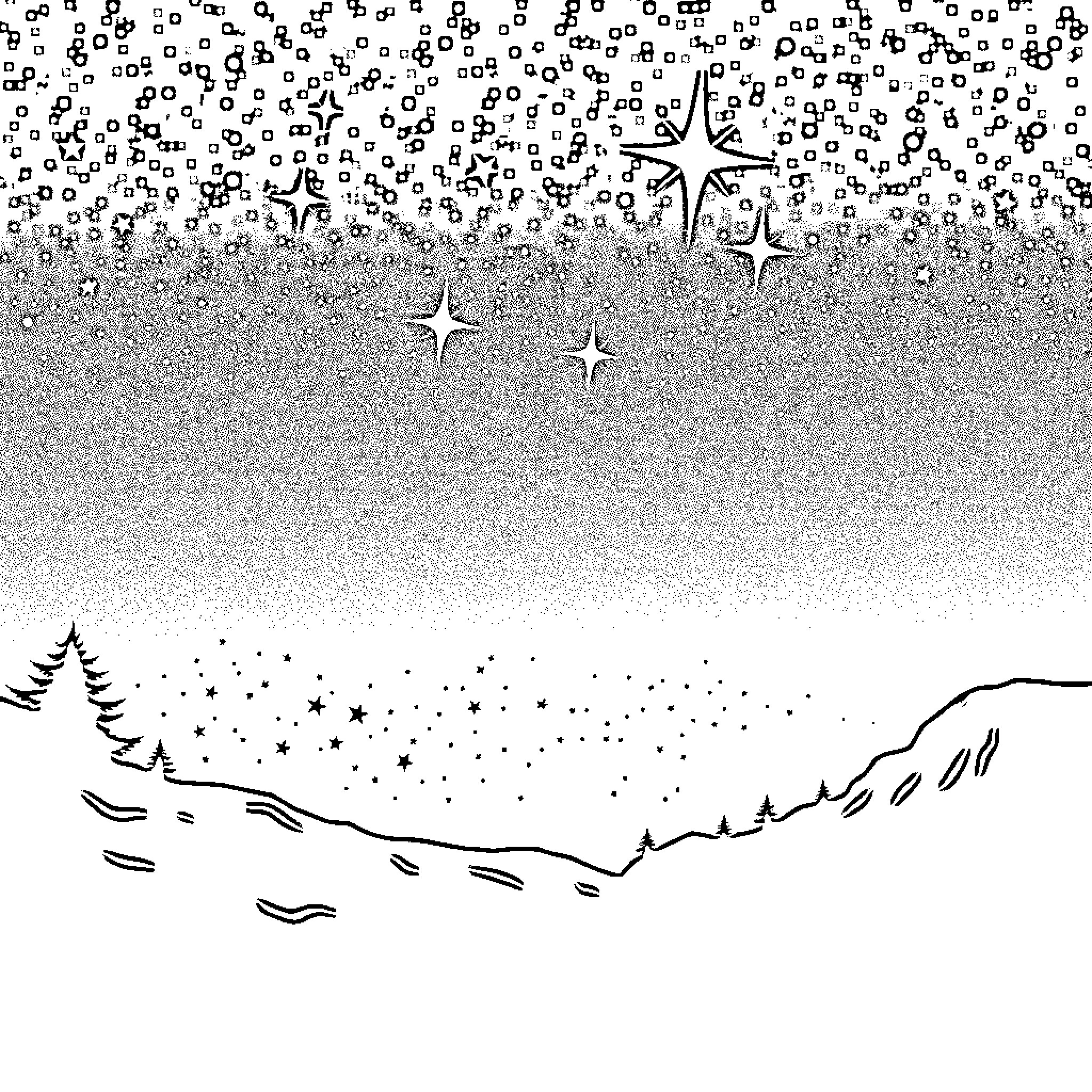 Star-filled Starry Night Landscape Coloring Page (free black-and-white line drawing printable PDF for all, from beginners to advanced learners, including children, teens, adults, and seniors)