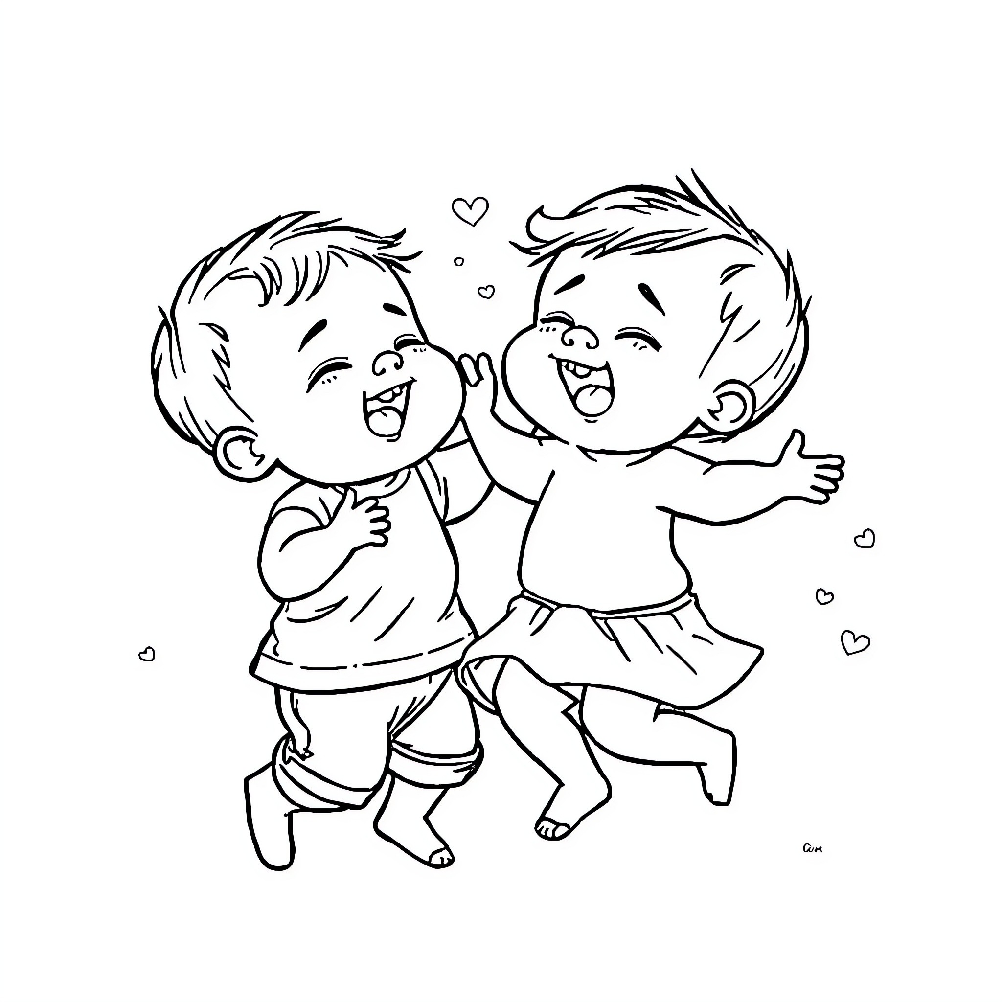 Bebés Llorones playing together joyfully Coloring Page (free black-and-white line drawing printable PDF for all, from beginners to advanced learners, including children, teens, adults, and seniors)