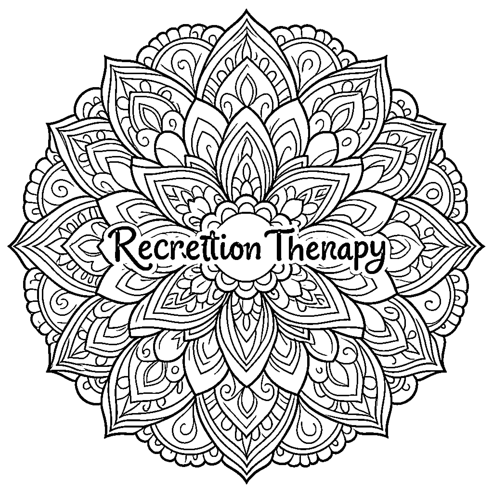 Mandala with recreation therapy text Coloring Page (free black-and-white line drawing printable PDF for all, from beginners to advanced learners, including children, teens, adults, and seniors)
