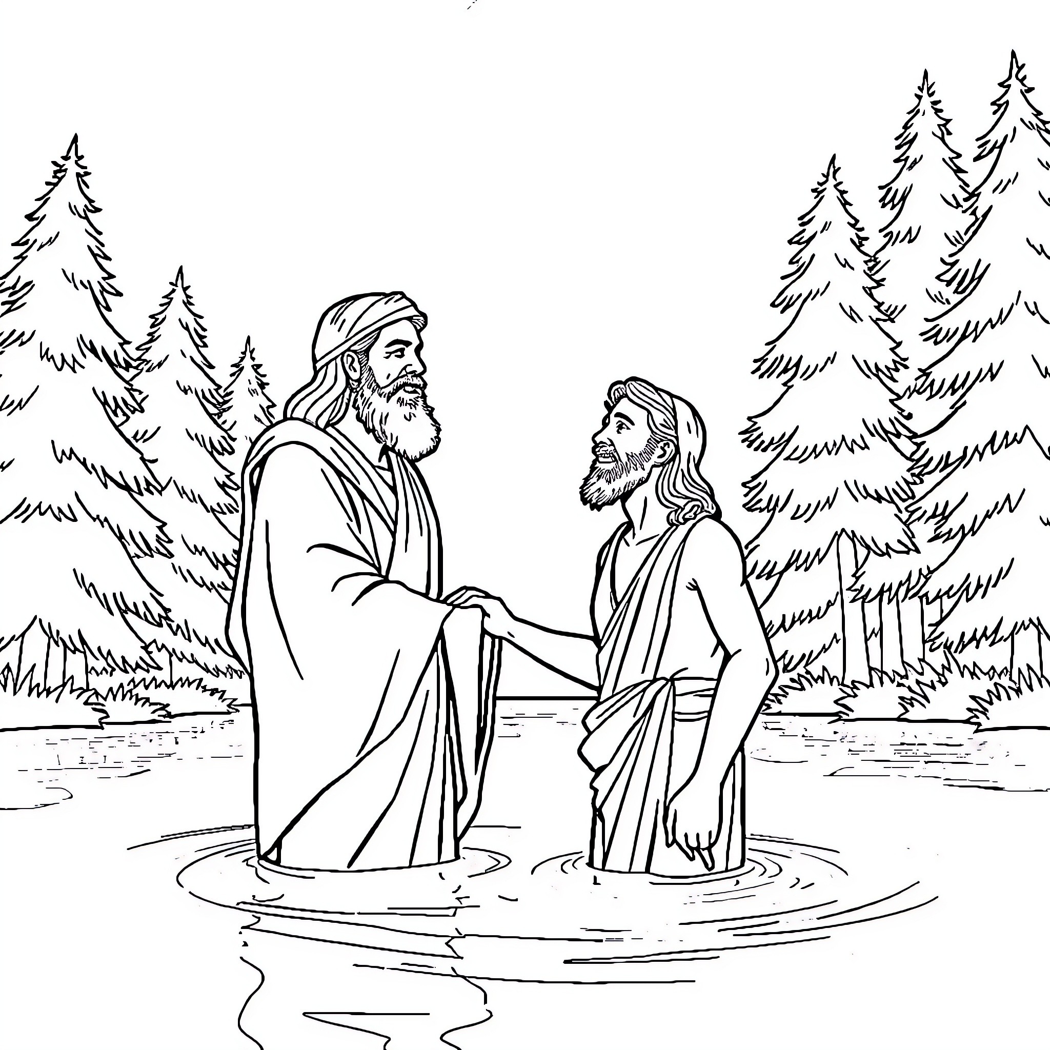 John and Jesus in conversation by the river Coloring Page (free black-and-white line drawing printable PDF for all, from beginners to advanced learners, including children, teens, adults, and seniors)