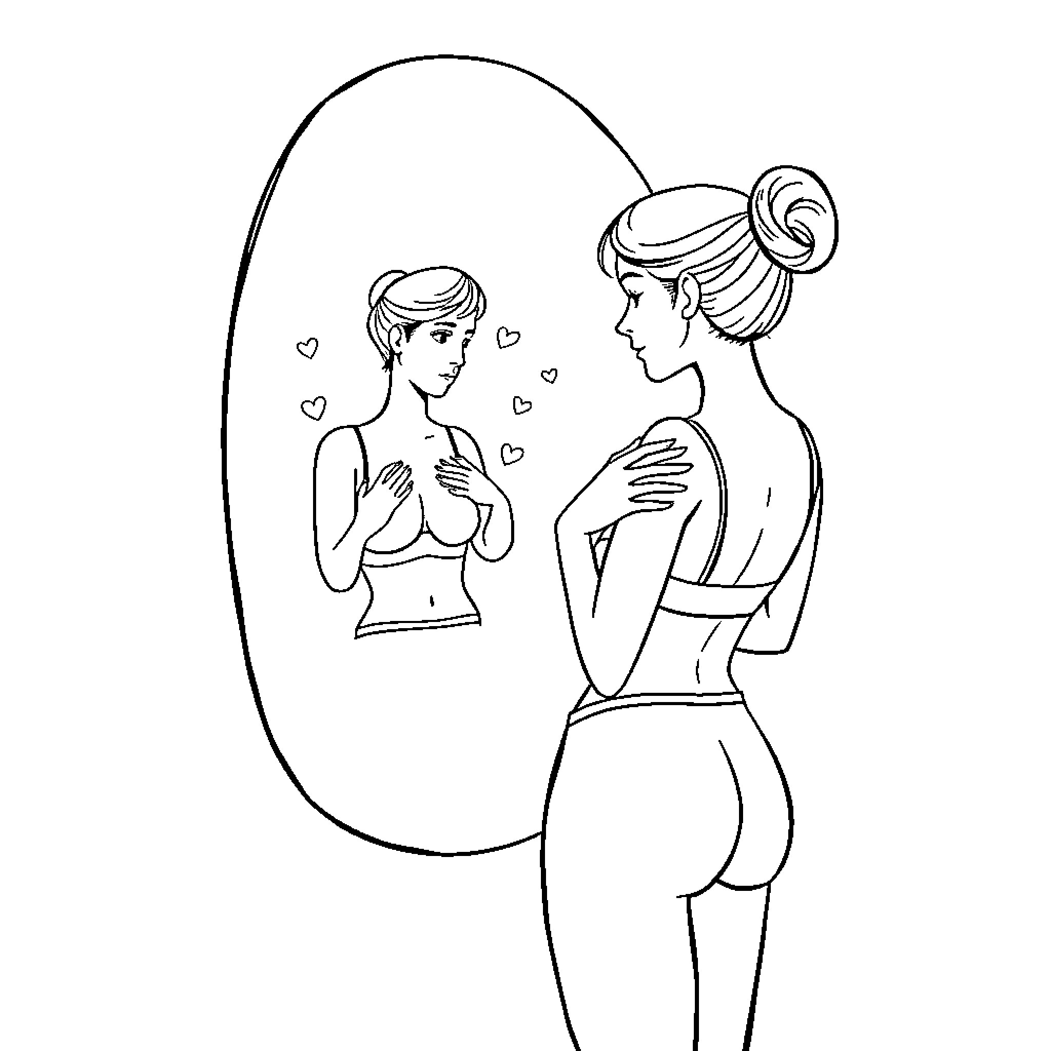Woman gazing at her reflection with affection Coloring Page (free black-and-white line drawing printable PDF for all, from beginners to advanced learners, including children, teens, adults, and seniors)