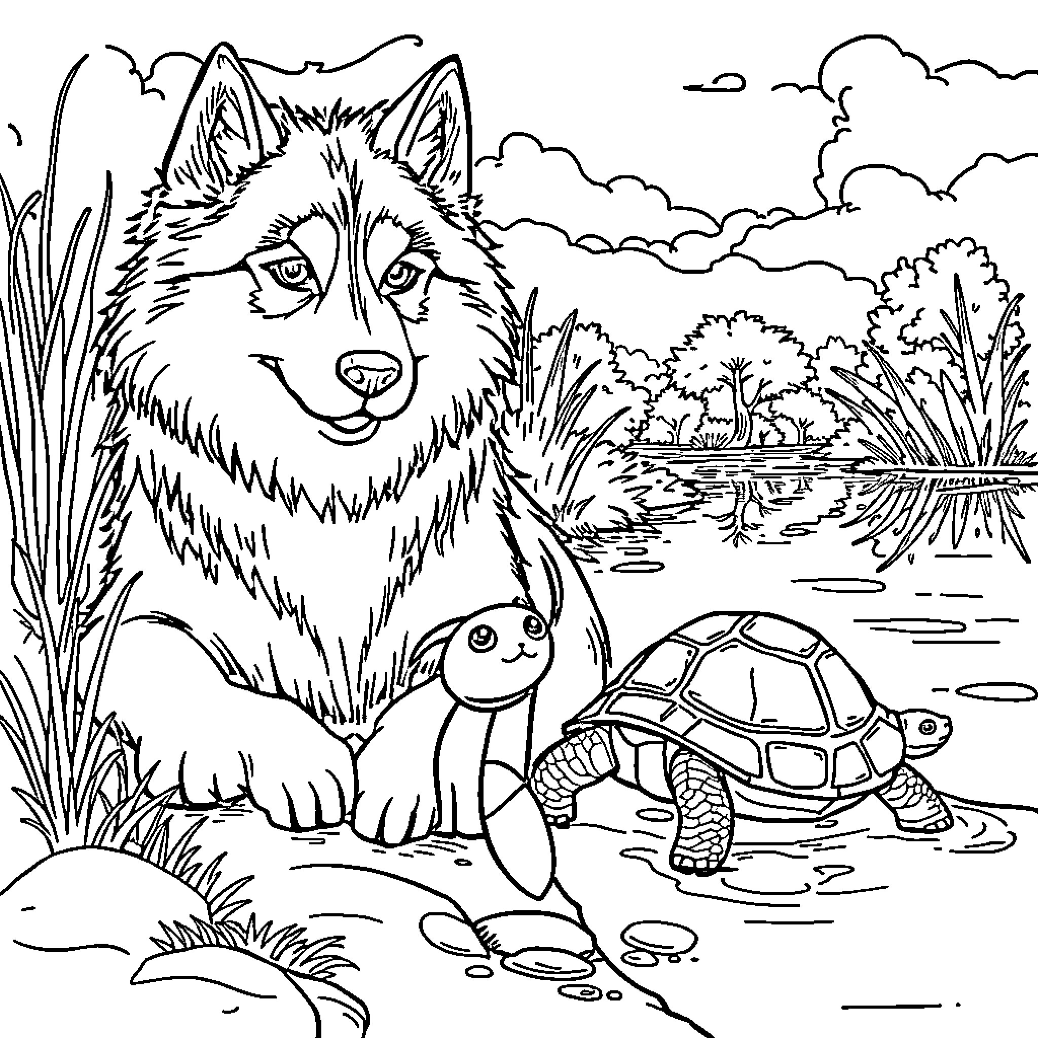 Husky sitting next to a turtle in a scenic landscape Coloring Page (free black-and-white line drawing printable PDF for all, from beginners to advanced learners, including children, teens, adults, and seniors)