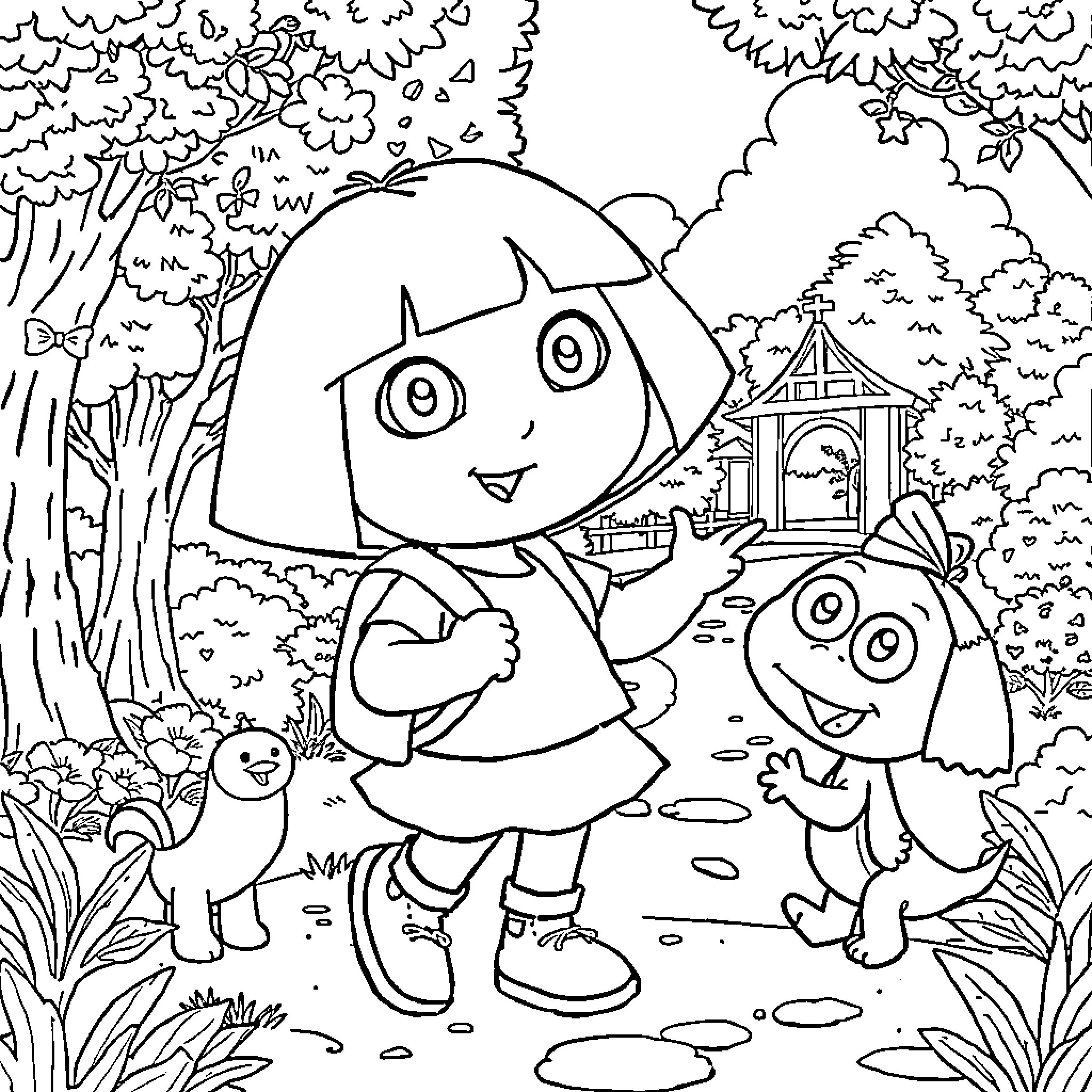 Dora walking through a forest with her animal friends Coloring Page (free black-and-white line drawing printable PDF for all, from beginners to advanced learners, including children, teens, adults, and seniors)