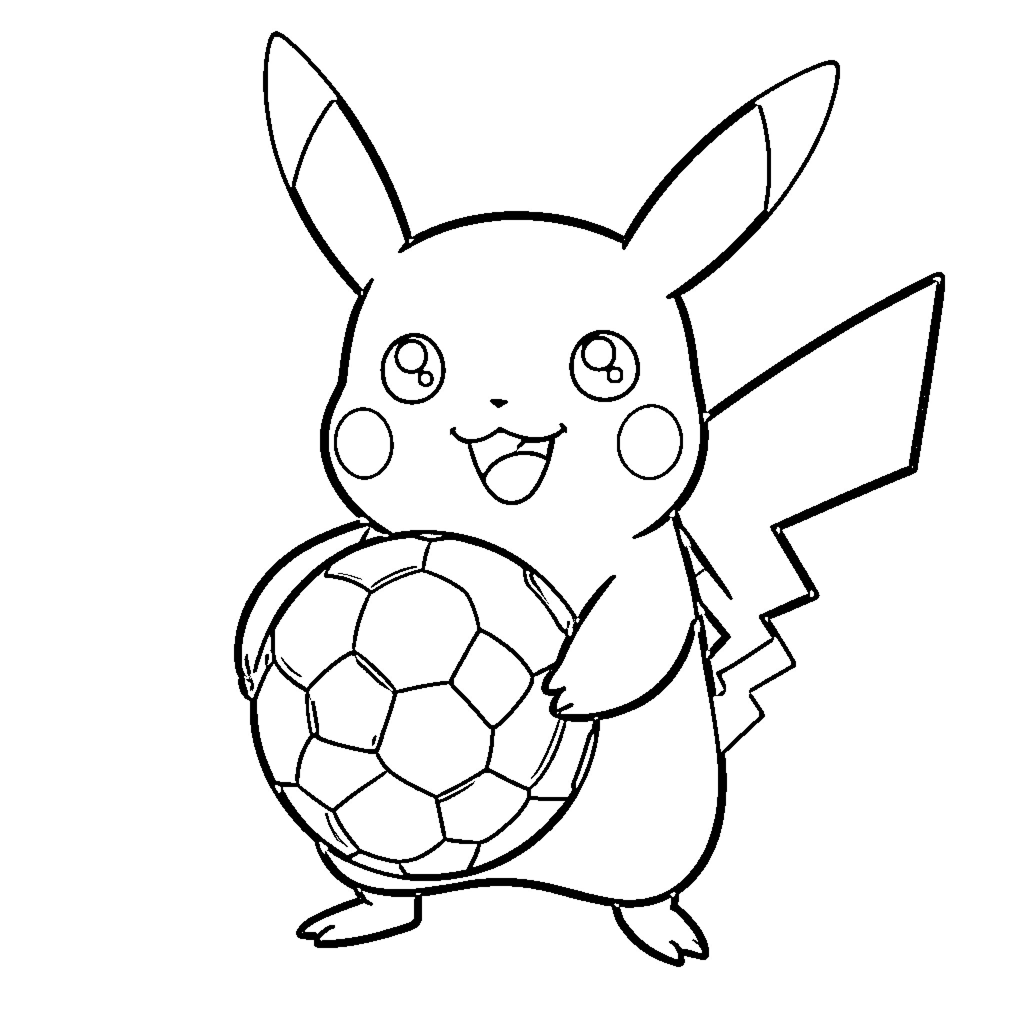 Pikachu playing with soccer ball happily Coloring Page (free black-and-white line drawing printable PDF for all, from beginners to advanced learners, including children, teens, adults, and seniors)