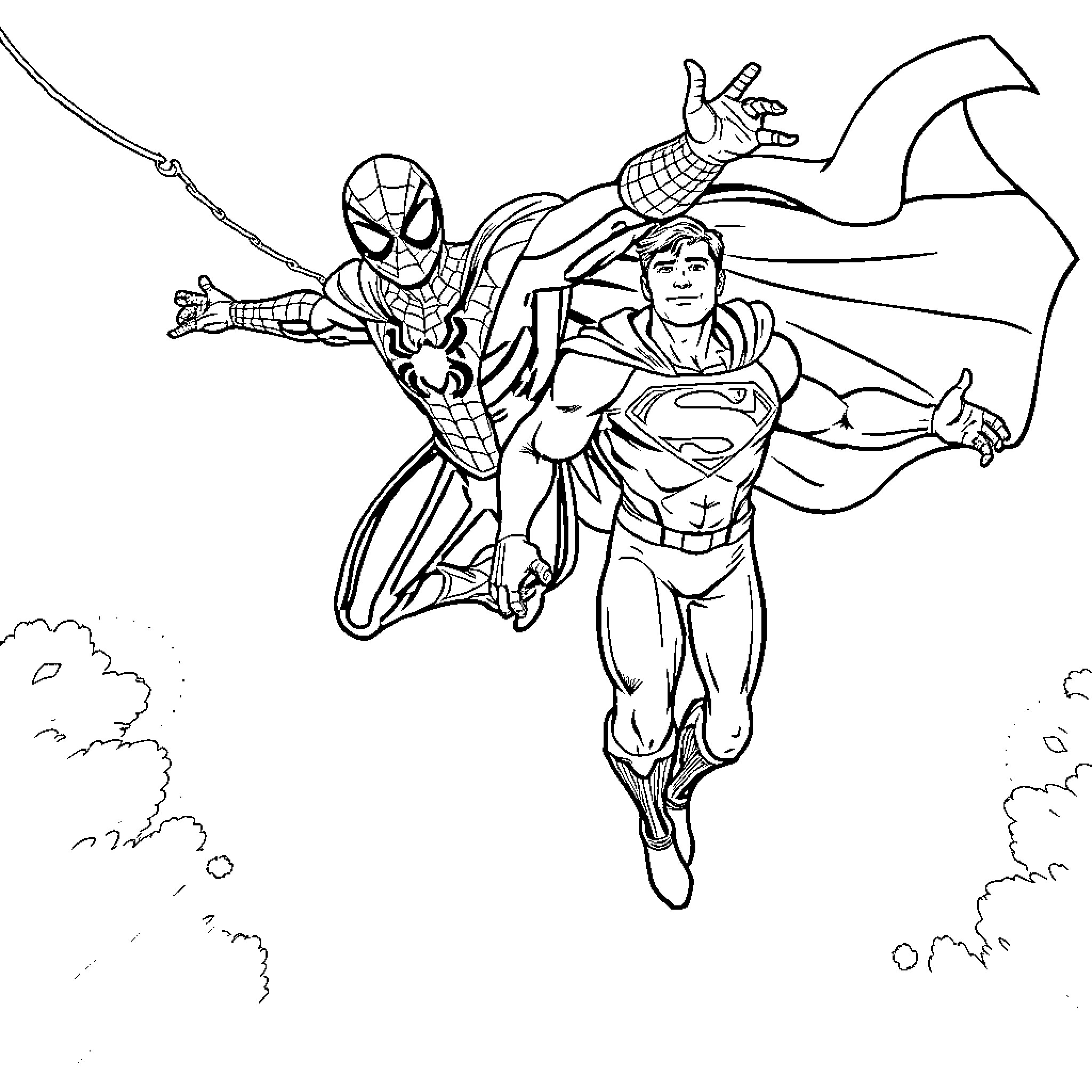 Spiderman and Superman teaming up in action Coloring Page (free black-and-white line drawing printable PDF for all, from beginners to advanced learners, including children, teens, adults, and seniors)