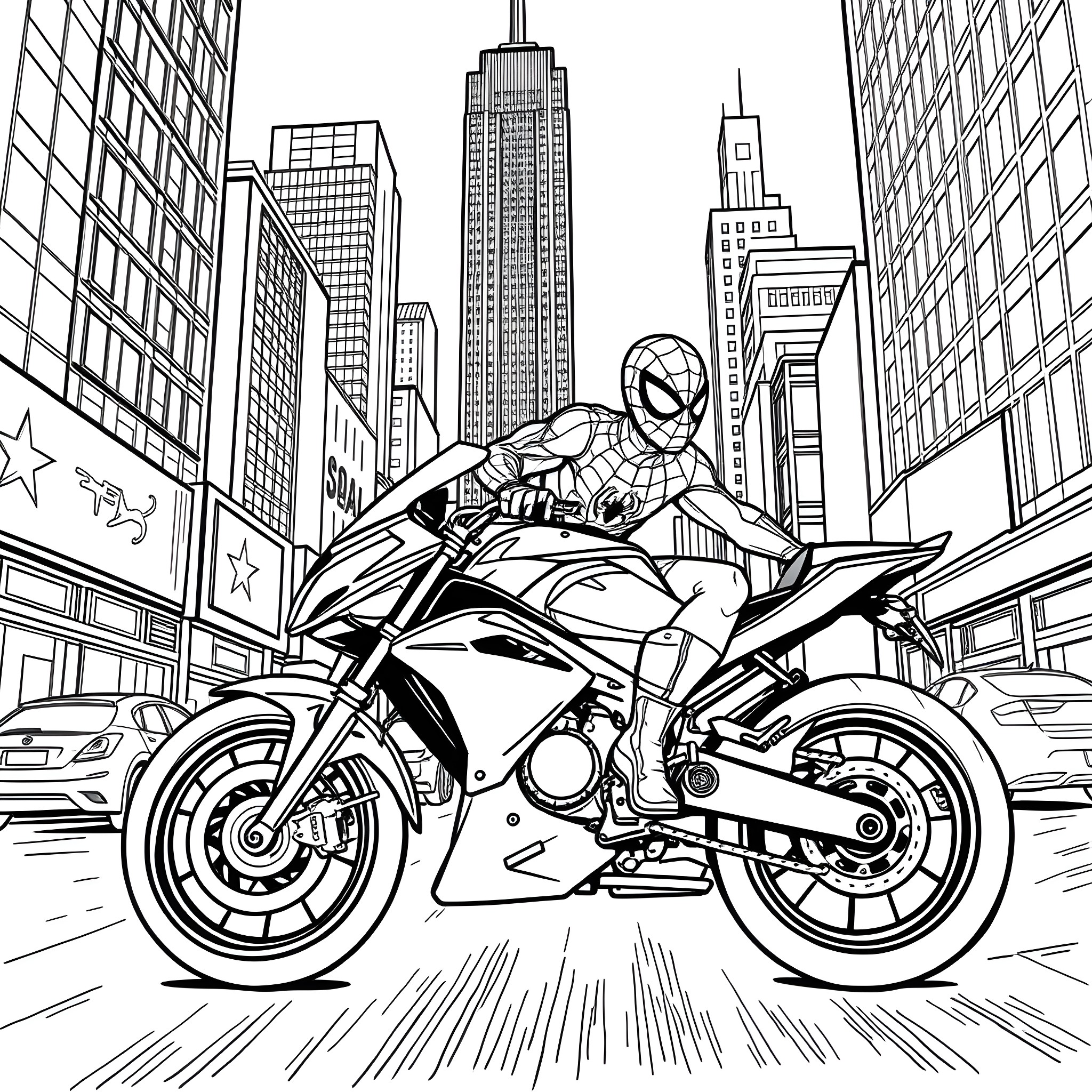 Spider-Man riding a motorcycle through the city Coloring Page (free black-and-white line drawing printable PDF for all, from beginners to advanced learners, including children, teens, adults, and seniors)