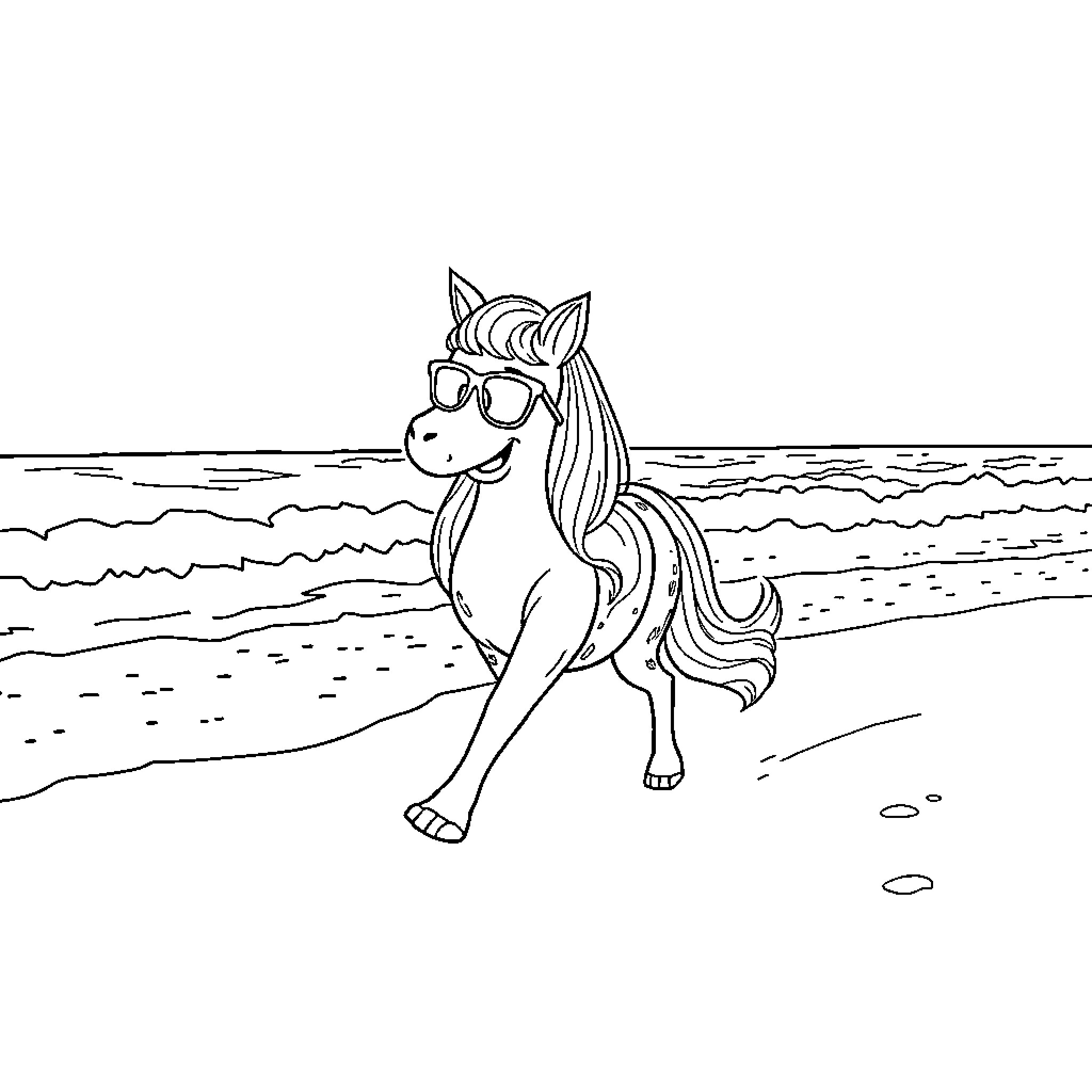 Tralalero Unicorn Frolics on the Beach Coloring Page (free black-and-white line drawing printable PDF for all, from beginners to advanced learners, including children, teens, adults, and seniors)