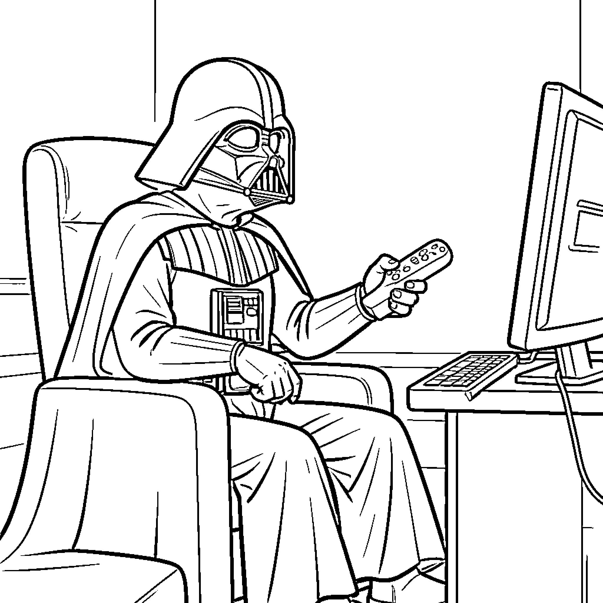 Darth Vader sitting in a chair using a remote Coloring Page (free black-and-white line drawing printable PDF for all, from beginners to advanced learners, including children, teens, adults, and seniors)