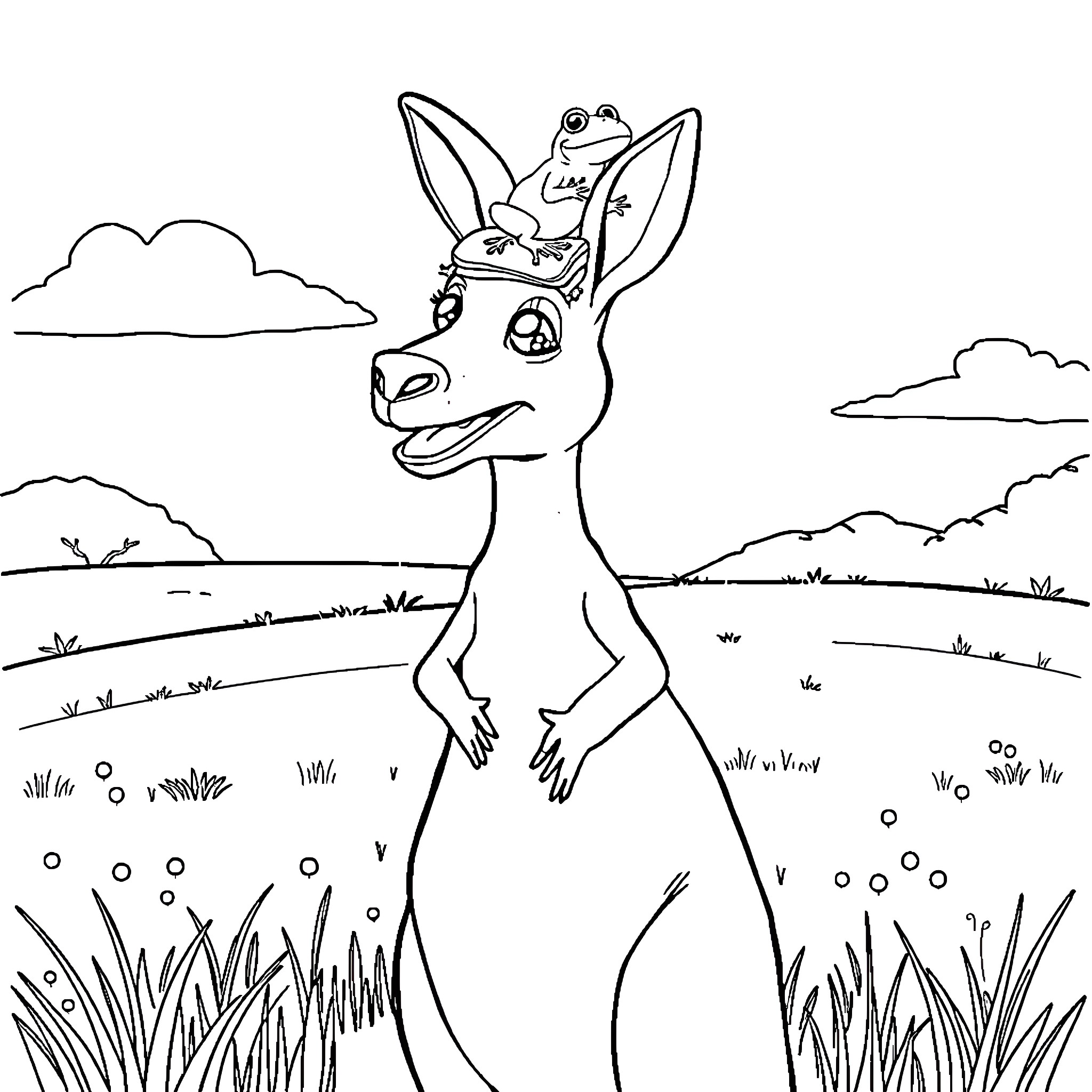 Kangaroo with butterfly friends in nature Coloring Page (free black-and-white line drawing printable PDF for all, from beginners to advanced learners, including children, teens, adults, and seniors)