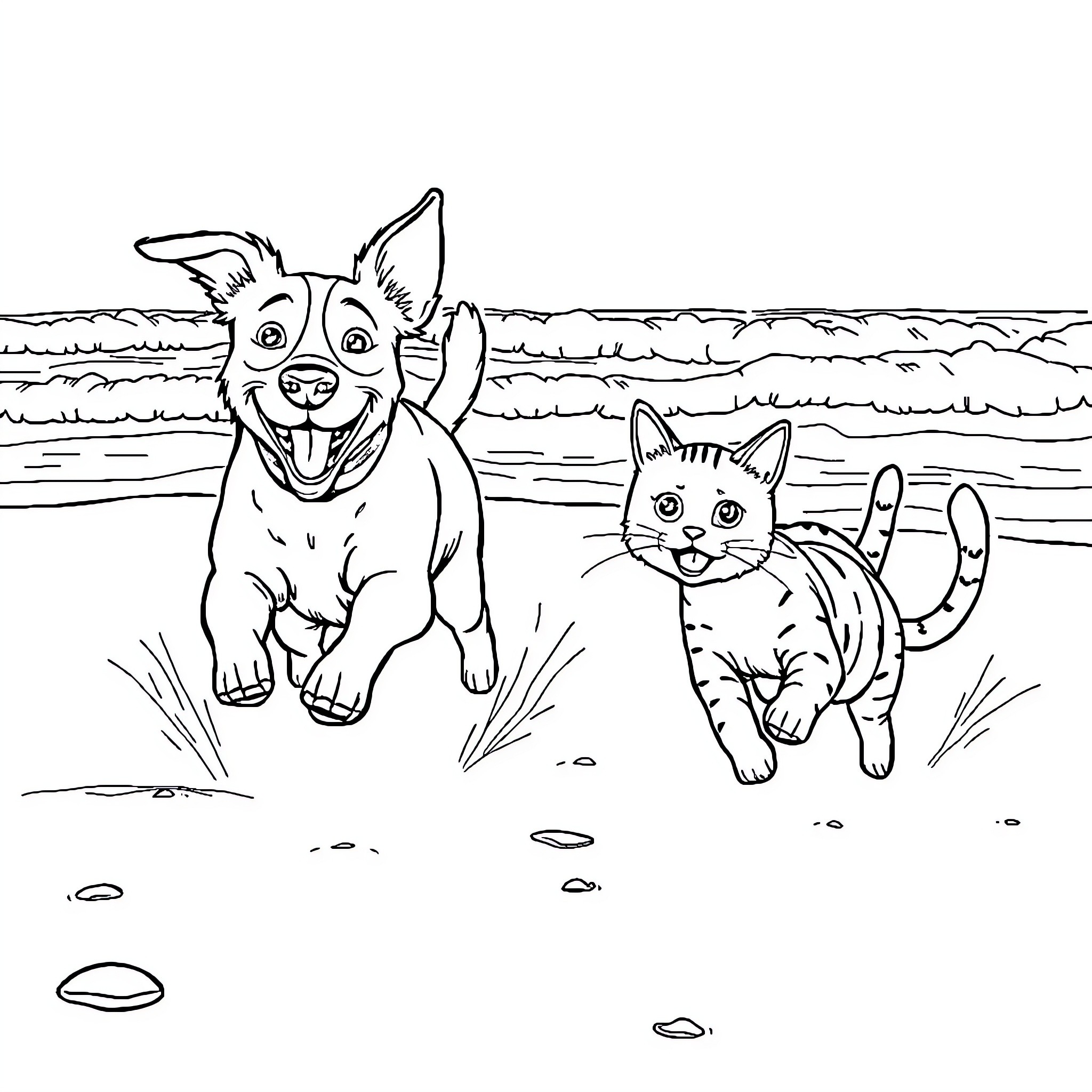 Dog and Cat Playing Happily at the Beach Coloring Page (free black-and-white line drawing printable PDF for all, from beginners to advanced learners, including children, teens, adults, and seniors)