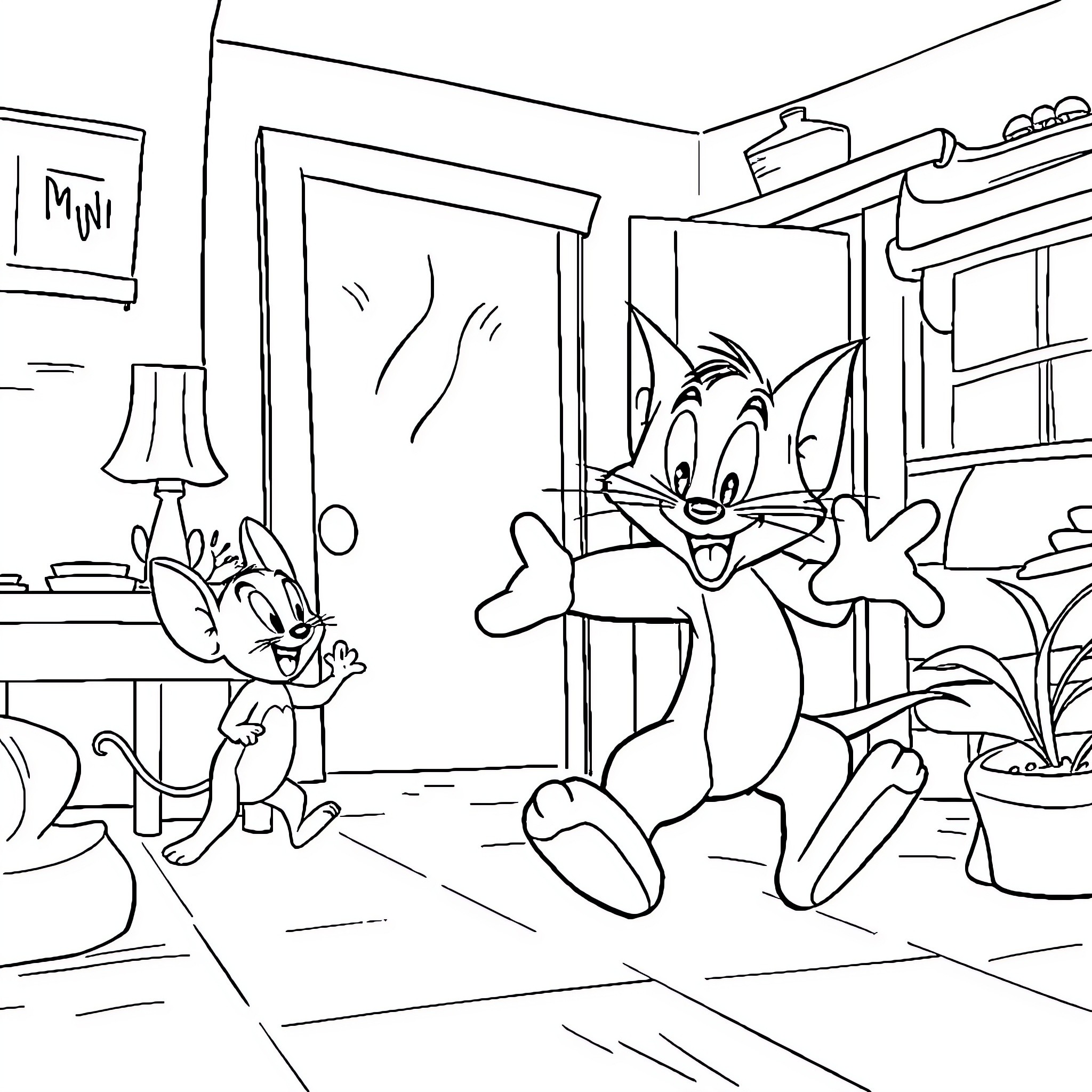 Tom and Jerry's Mischievous Antics in the House Coloring Page (free black-and-white line drawing printable PDF for all, from beginners to advanced learners, including children, teens, adults, and seniors)