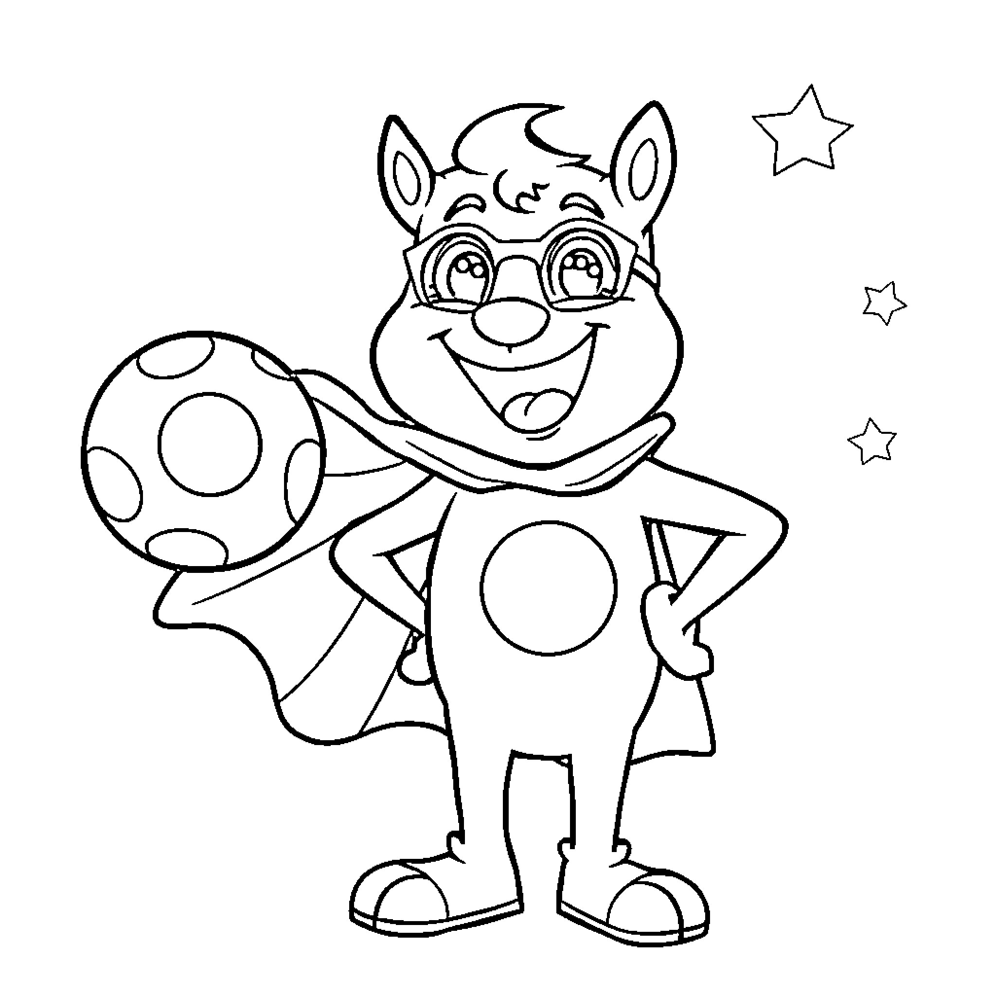 Bingo - Smiling Cartoon Character with Ball Coloring Page (free black-and-white line drawing printable PDF for all, from beginners to advanced learners, including children, teens, adults, and seniors)