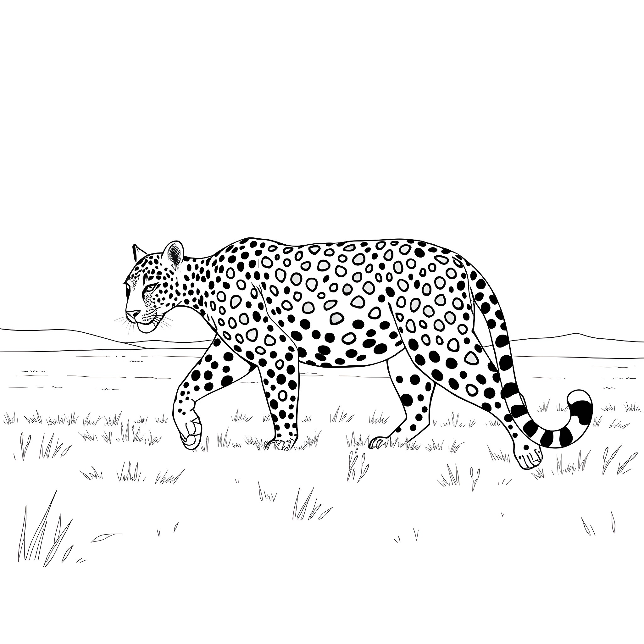 Leopard prowling through the grass Coloring Page (free black-and-white line drawing printable PDF for all, from beginners to advanced learners, including children, teens, adults, and seniors)
