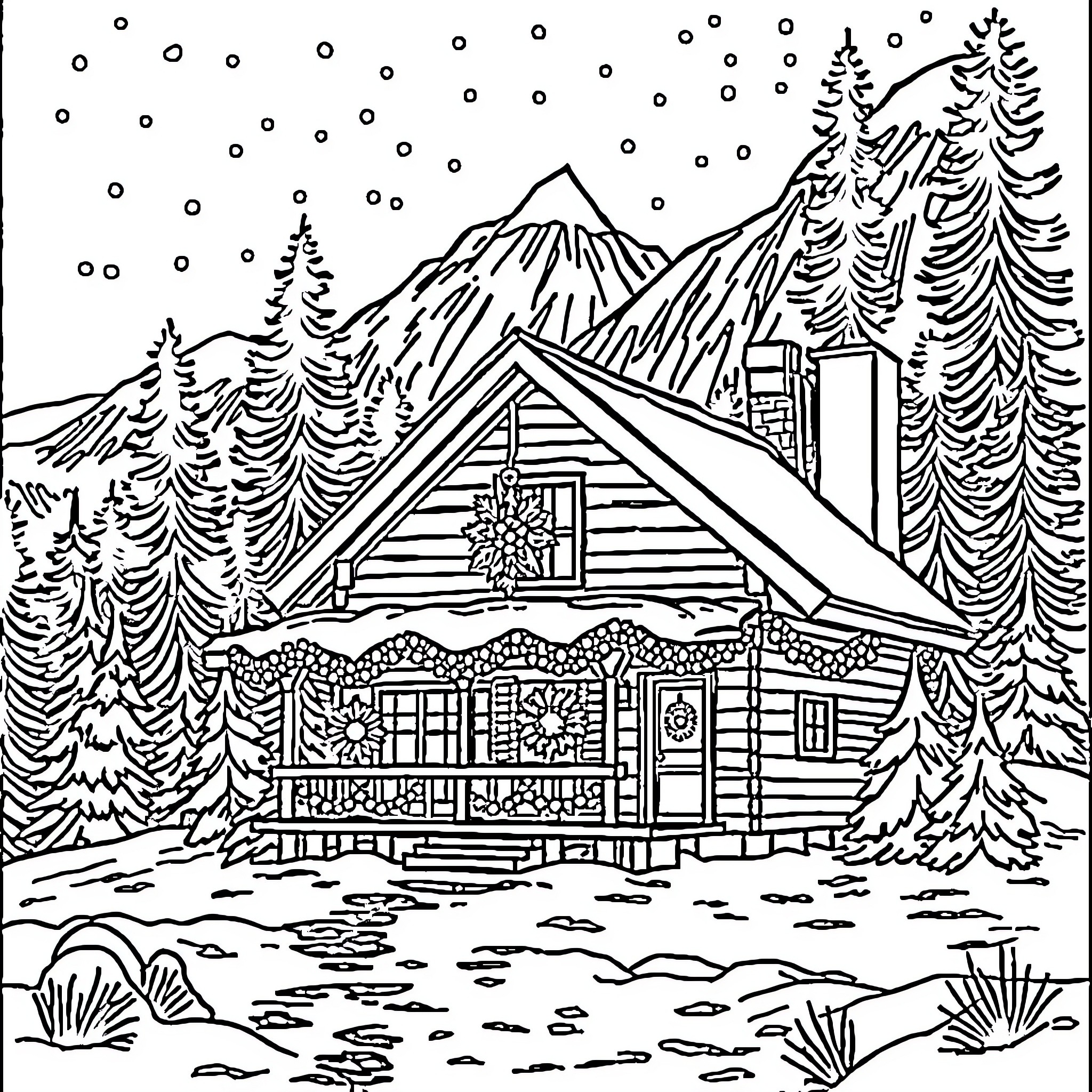 Cabin in the snowy winter landscape Coloring Page (free black-and-white line drawing printable PDF for all, from beginners to advanced learners, including children, teens, adults, and seniors)