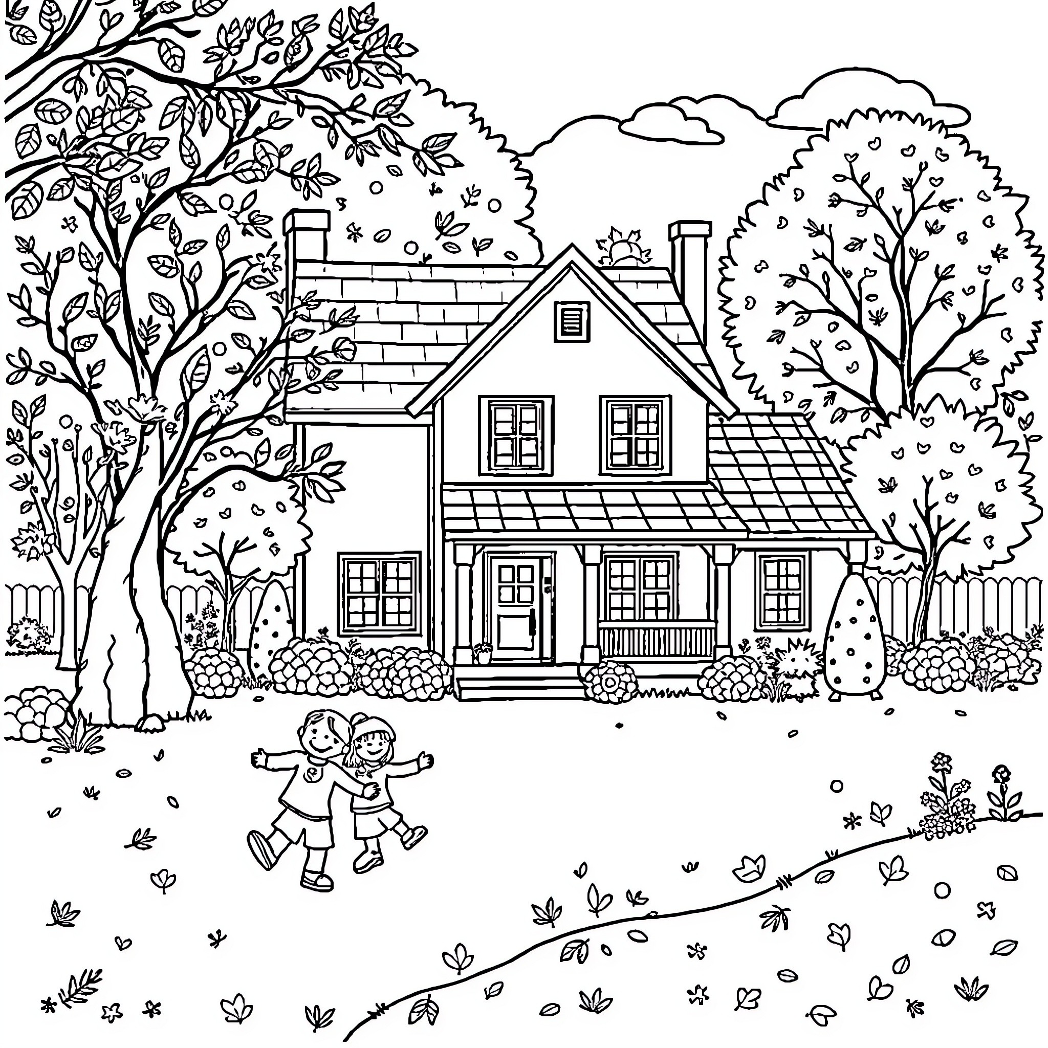 Home in a tranquil garden setting Coloring Page (free black-and-white line drawing printable PDF for all, from beginners to advanced learners, including children, teens, adults, and seniors)