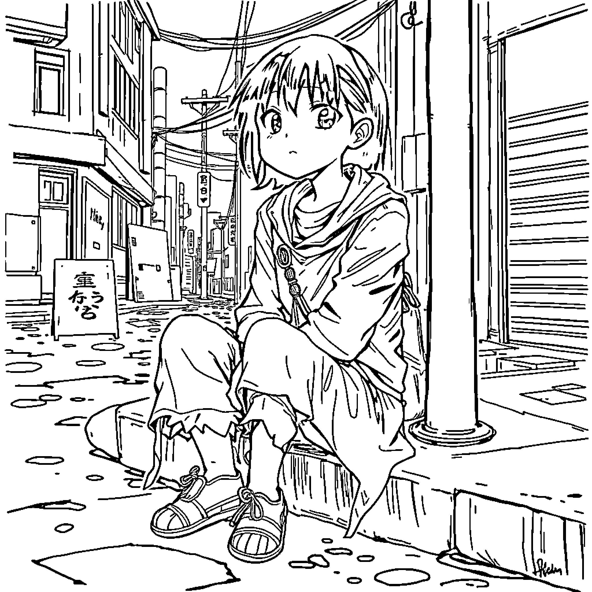 Nezuko in a Thoughtful Moment on a City Street Coloring Page (free black-and-white line drawing printable PDF for all, from beginners to advanced learners, including children, teens, adults, and seniors)