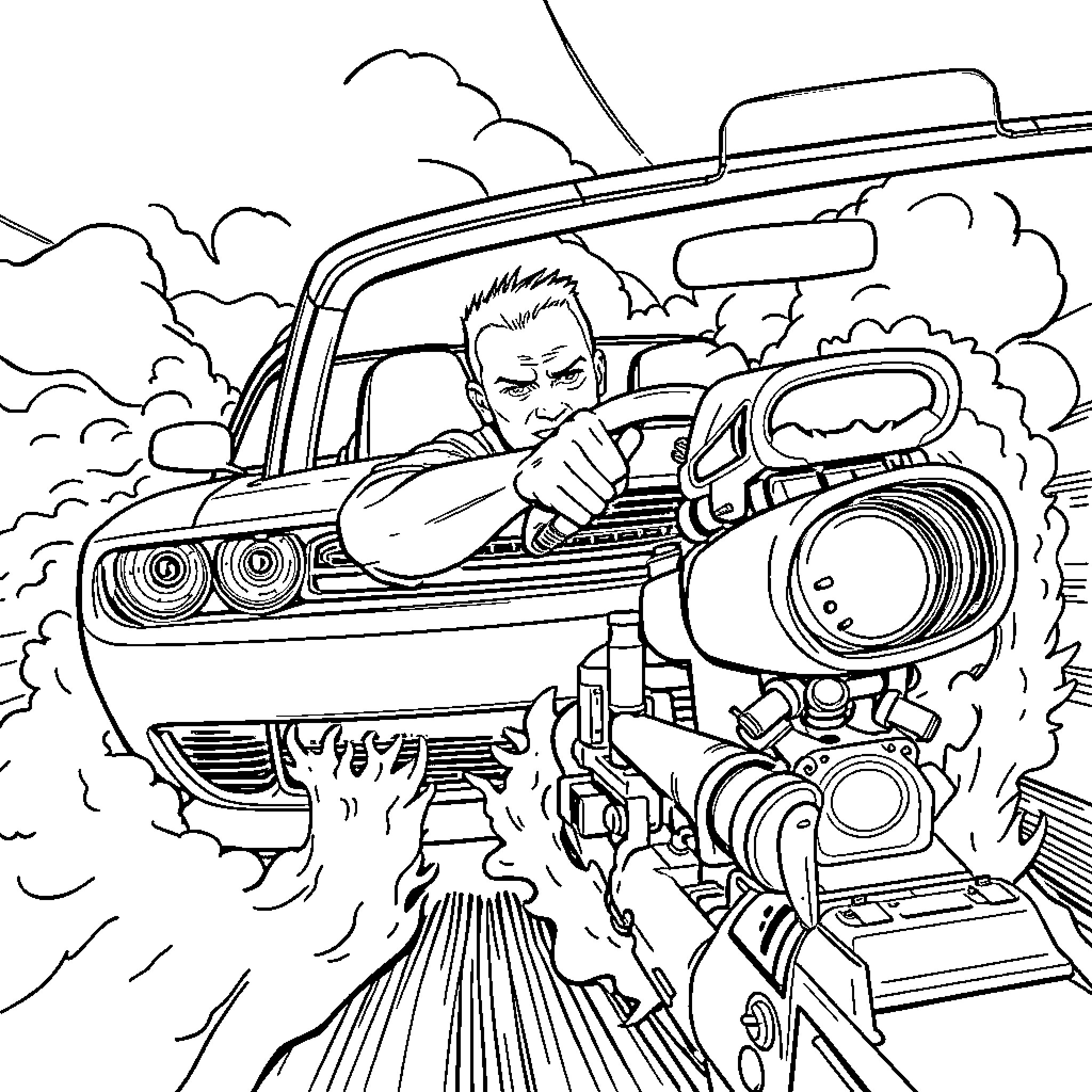 Hellcat racing against a dangerous adversary Coloring Page (free black-and-white line drawing printable PDF for all, from beginners to advanced learners, including children, teens, adults, and seniors)