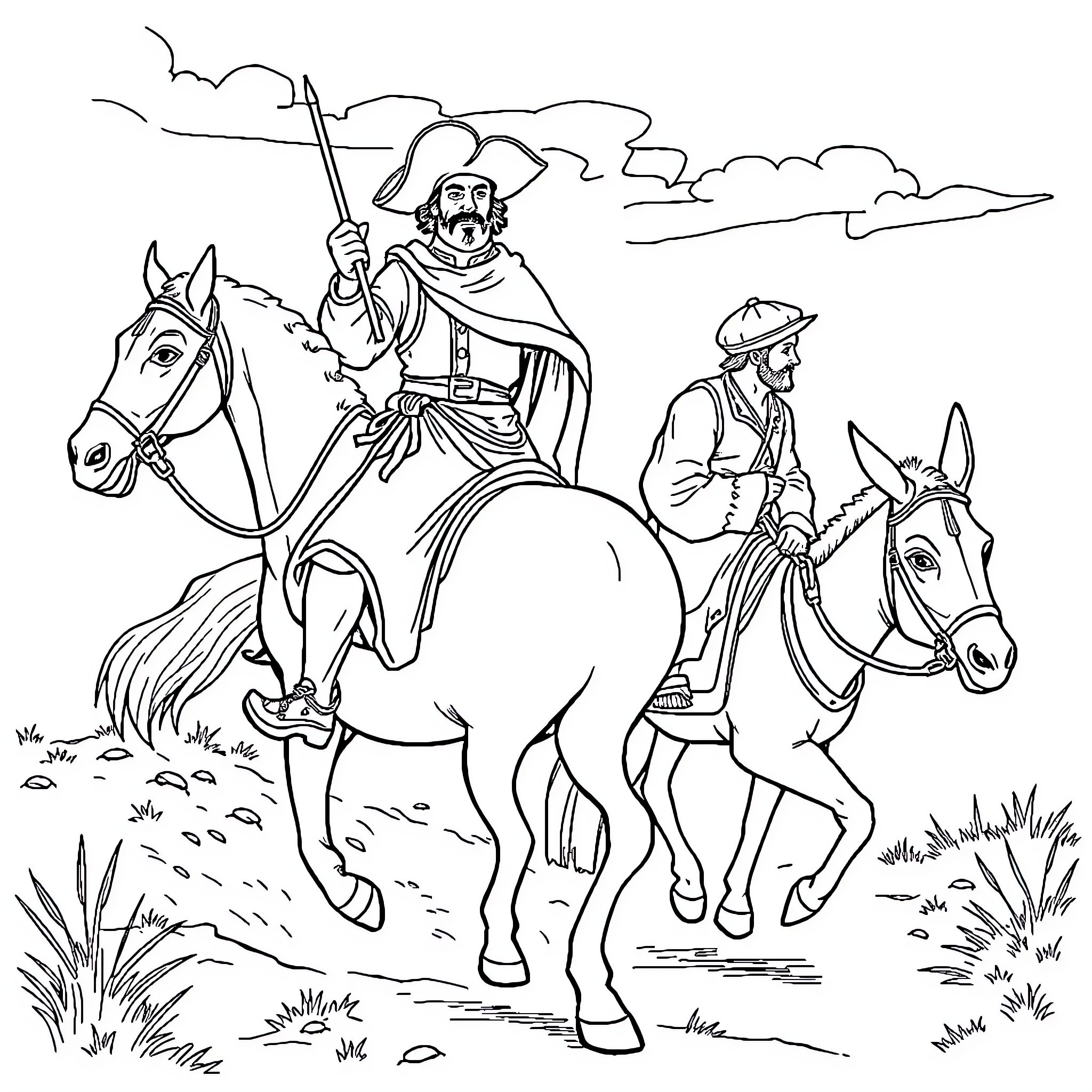 Don Quijote's Heroic Equestrian Adventure Coloring Page (free black-and-white line drawing printable PDF for all, from beginners to advanced learners, including children, teens, adults, and seniors)