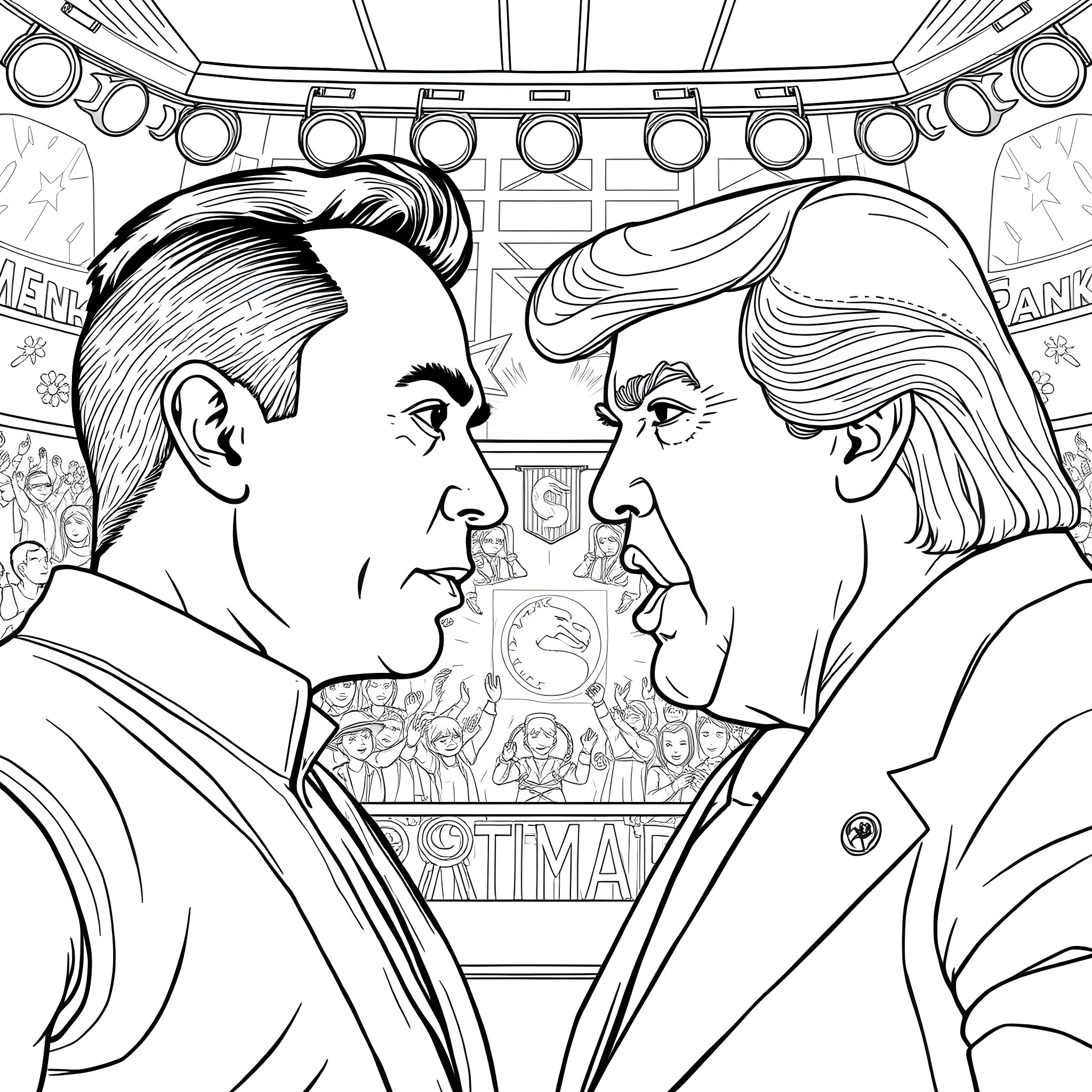 Elon Musk in Confrontation with Donald Trump Coloring Page (free black-and-white line drawing printable PDF for all, from beginners to advanced learners, including children, teens, adults, and seniors)